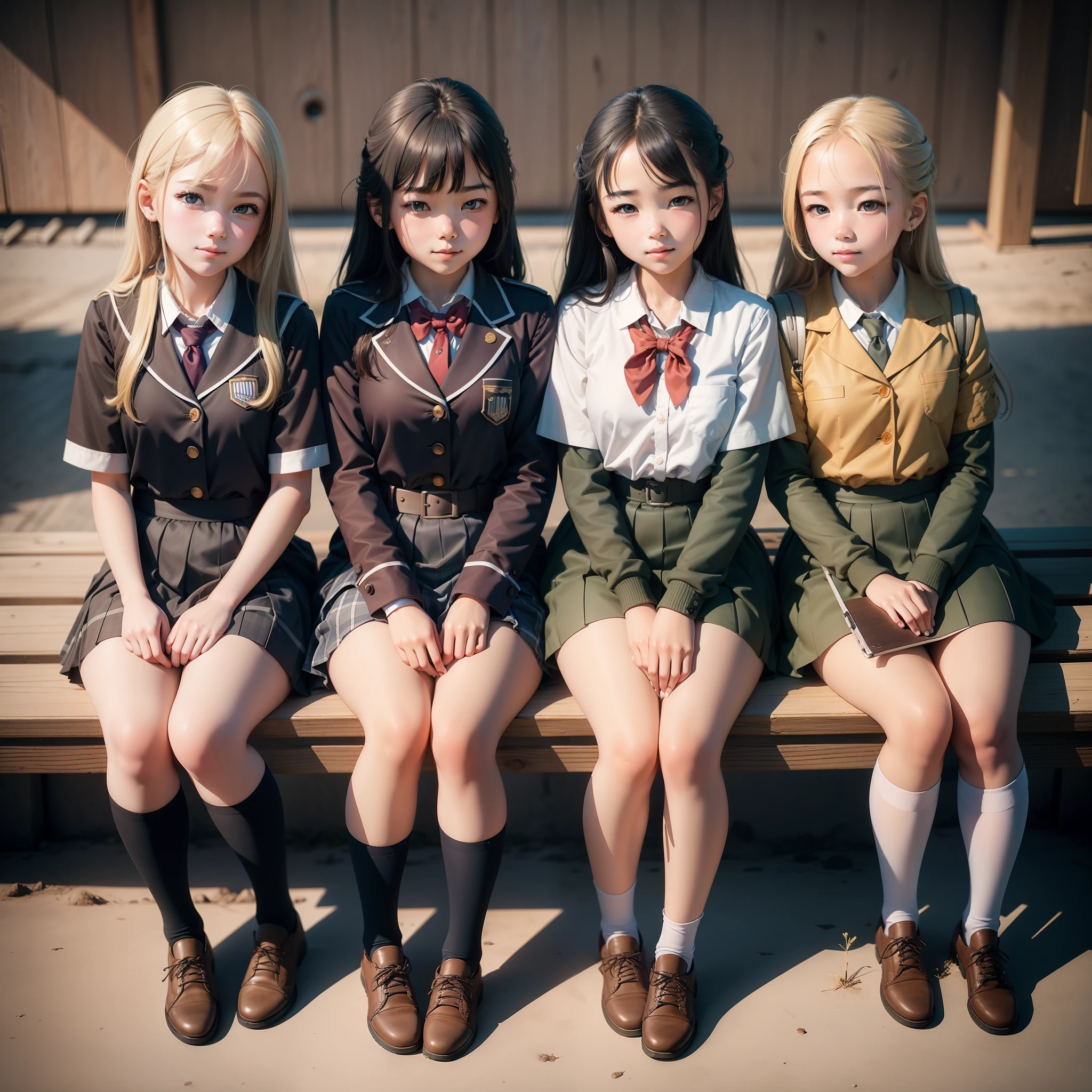 3girls,Three junior high school girls in school uniforms sit on the edge of the playground and draw on drawing boards,ssmile,photore,8K,A high resolution,Highest texture, --v6