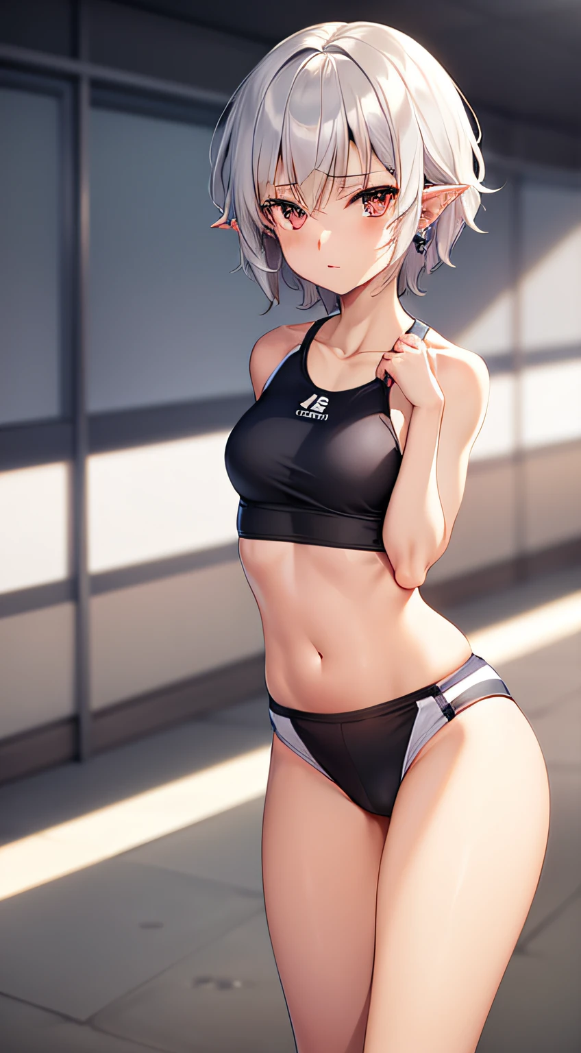 silver eye, 1 girl, racing bloomers, track and field club, silver hair, short hair, pointy ears, earrings, tachi-e, UHD, masterpiece, anatomically correct, high quality
