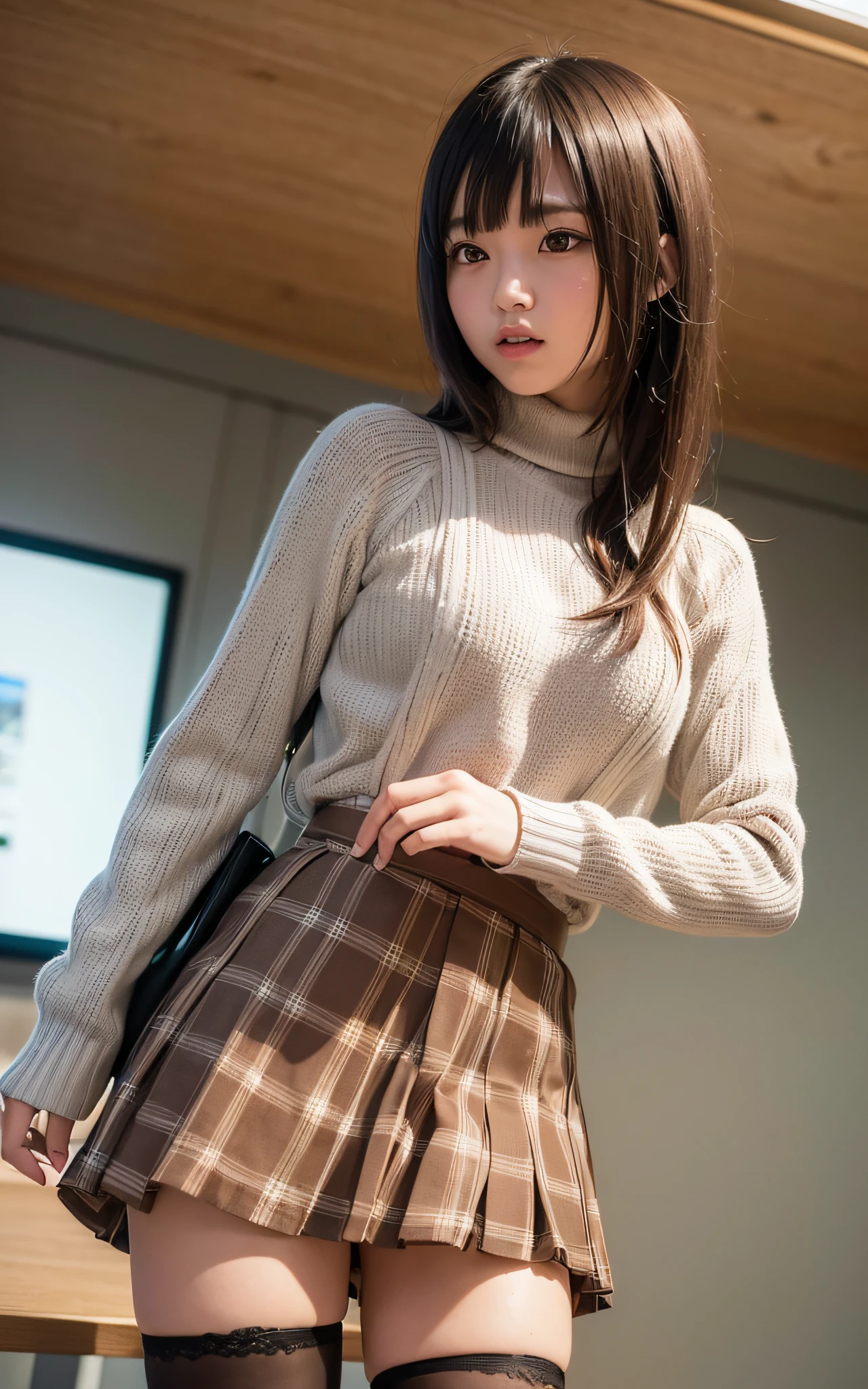 1girl in、(looking looking at viewer)、Parted lips、deadpan、realisitic、tights、skirt by the、sky line、realisitic、アップskirt by the、skirt by theリフト、top-quality、​masterpiece:1.3、超A high resolution、Angle of view from below:1.3 、Close-up in the crotch:1.5、Embarrassed look、The background is a night view、(Look Viewer:1.3)、elegant dress、