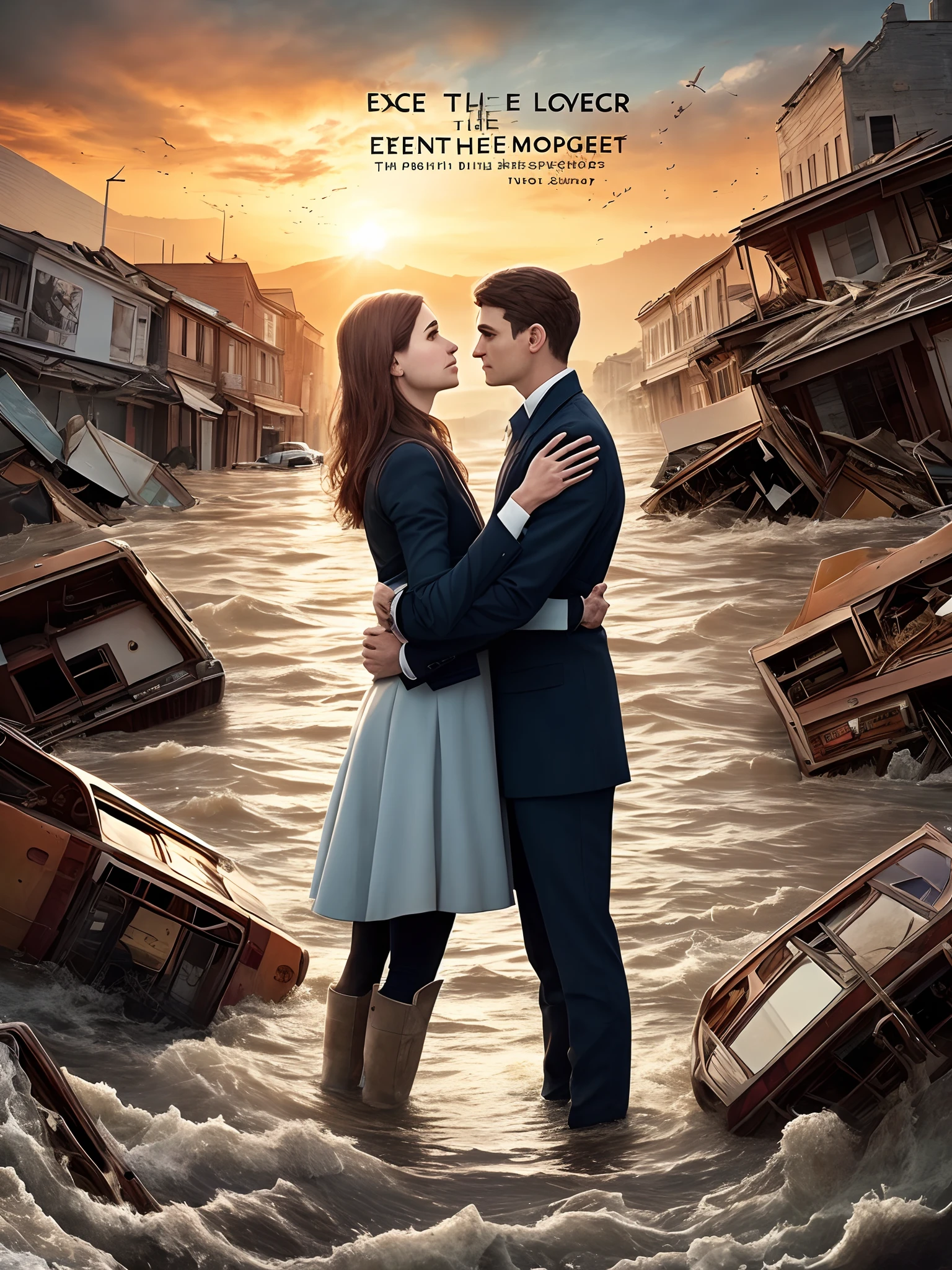 Capture the essence of 'The Rise of Love' in a captivating SeaArt cover. Imagine a scene of both chaos and connection: a small town engulfed by floodwaters, where a courageous fireman and a talented fashion designer meet amid the disaster. Convey the emotions of hope, resilience, and the unexpected spark of love amidst the turmoil. Let the cover reflect the power of love to emerge even from the darkest of times. Show us the meeting of their eyes in the midst of the catastrophe, hinting at the transformative journey that awaits within the pages of the book."