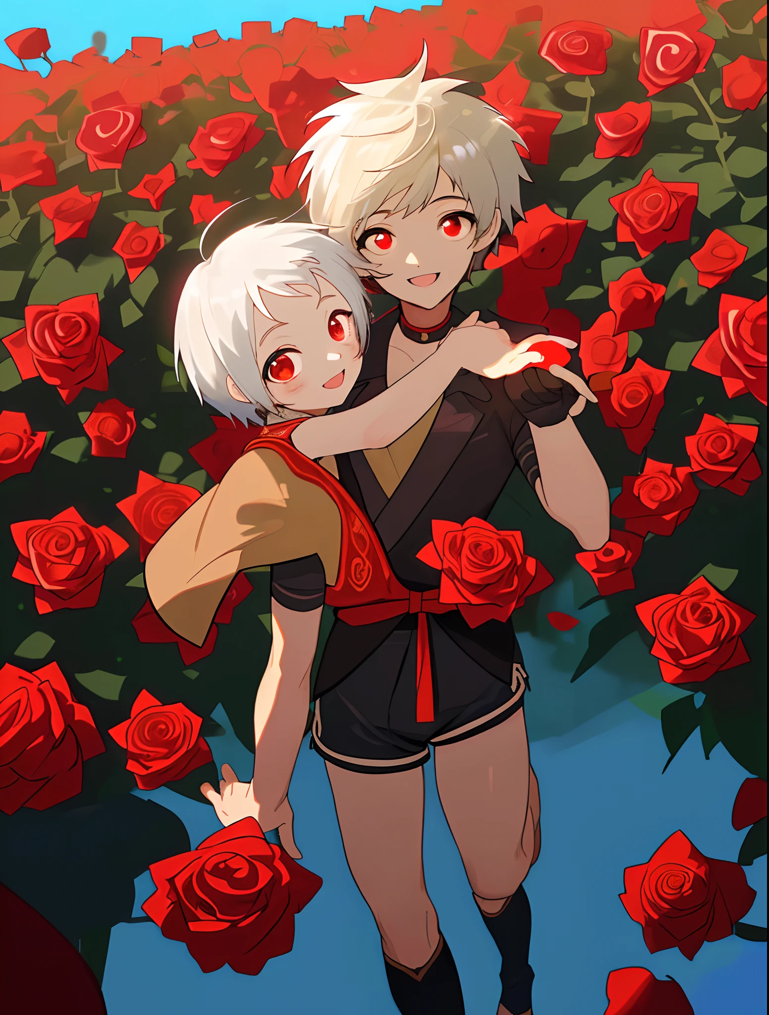 ((masterpiece)),(((best quality))), (high-quality, breathtaking),(expressive eyes, perfect face), a short young boy, short white hair, red eyes, smiling, black idol outfit, wear short shorts, shine, glow, red roses, sunshine, blue sky