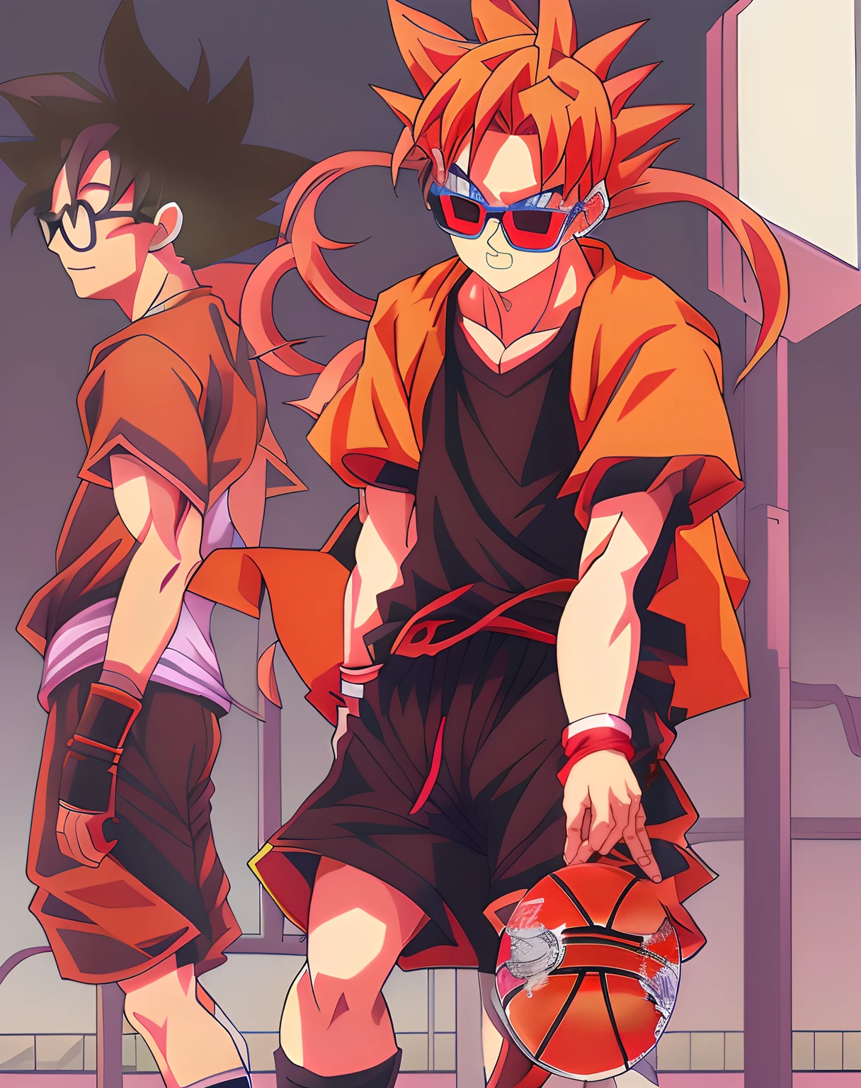 anime characters walking in a hallway with a basketball ball, dragon ball style, epic anime style, 90s anime style, 9 0 s anime style, dragon ball artstyle, dragon ball z style, anime style only, inspired by Akira Toriyama,