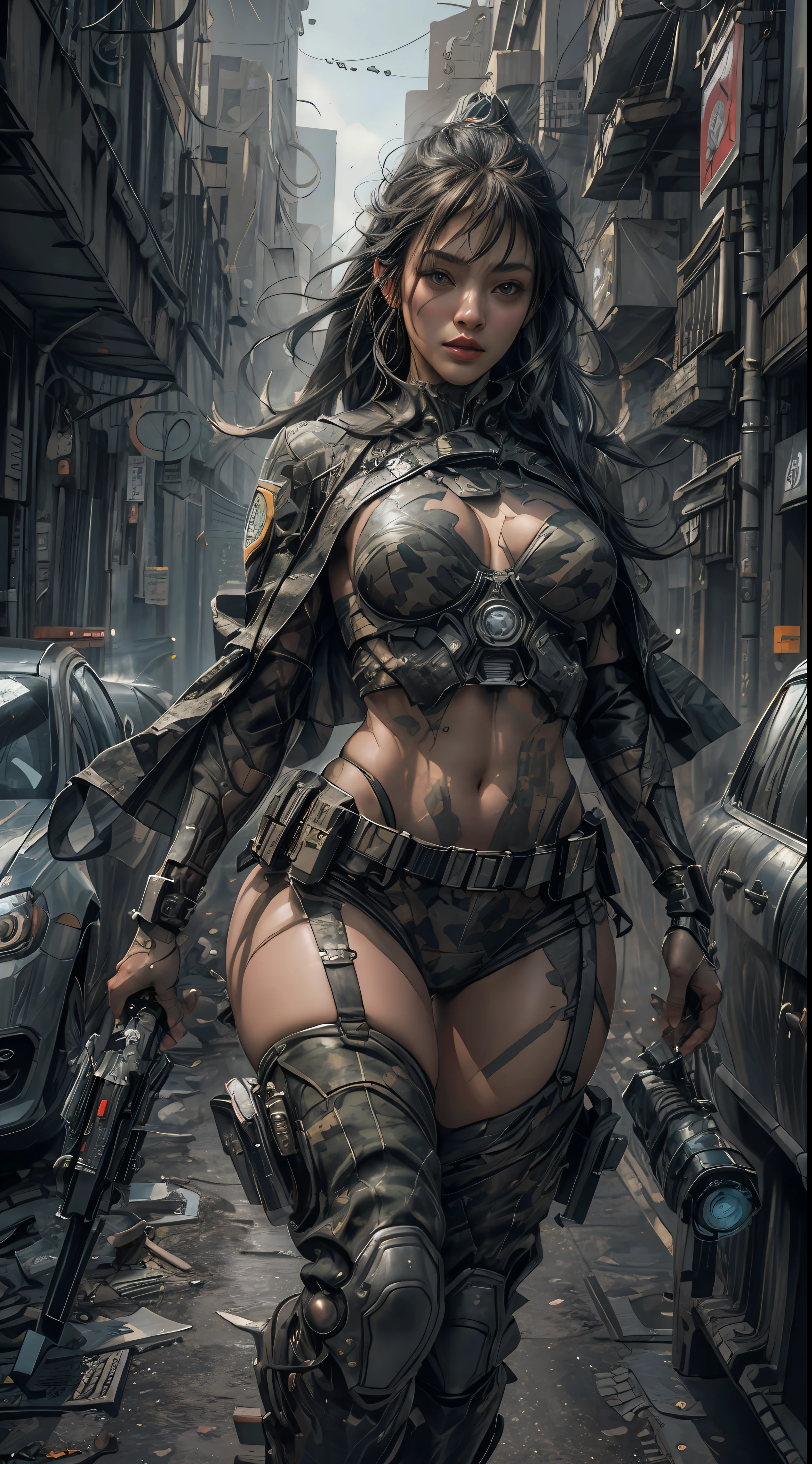 ((Best quality)), ((masterpiece)), (highly detailed:1.3), 3D, beautiful (cyberpunk:1.2) special forces, robort,female with thick voluminous hair wearing (wearing camouflage_uniform:1.1), body armour,cape,digital (camouflage:1.3),HDR (High Dynamic Range),Ray Tracing,NVIDIA RTX,Super-Resolution,Unreal 5,Subsurface scattering,PBR Texturing,Post-processing,Anisotropic Filtering,Depth-of-field,Maximum clarity and sharpness,Multi-layered textures,Albedo and Specular maps,Surface shading,Accurate simulation of light-material interaction,Perfect proportions,Octane Render,Two-tone lighting,Wide aperture,Low ISO,White balance,Rule of thirds,8K RAW,Efficient Sub-Pixel,sub-pixel convolution