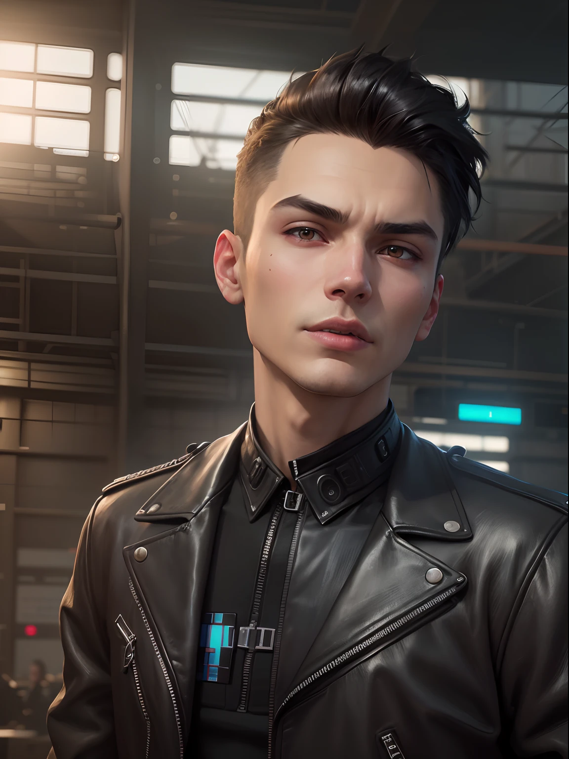 there is a young man in a black leather jacket posing for a picture, anton fadeev 8 k, 8k portrait render, high quality portrait, inspired by Yanjun Cheng, hyper-realistic cyberpunk style, twitch streamer / gamer ludwig, wojtek fus, cyberpunk style , hyperrealistic, cgsociety portrait, inspired by Adrian Zingg, daniel maidman octane rendering