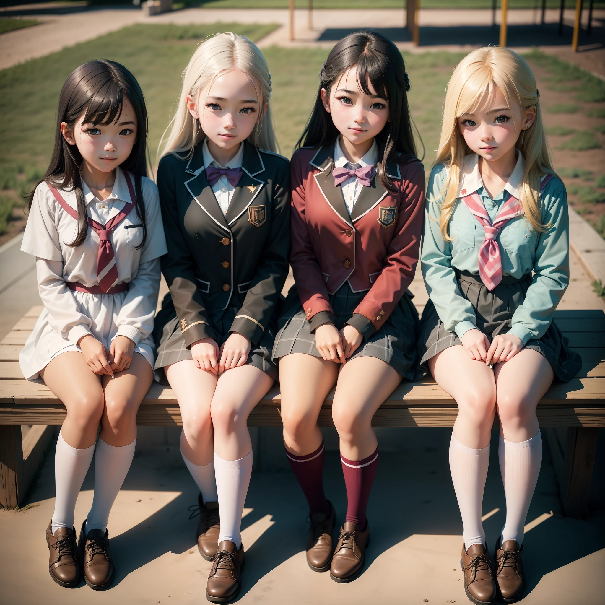 3girls，Three  high school girls in school uniforms sit on the edge of the playground and draw on drawing boards，ssmile，photore，8K，A high resolution，Highest texture， --v6