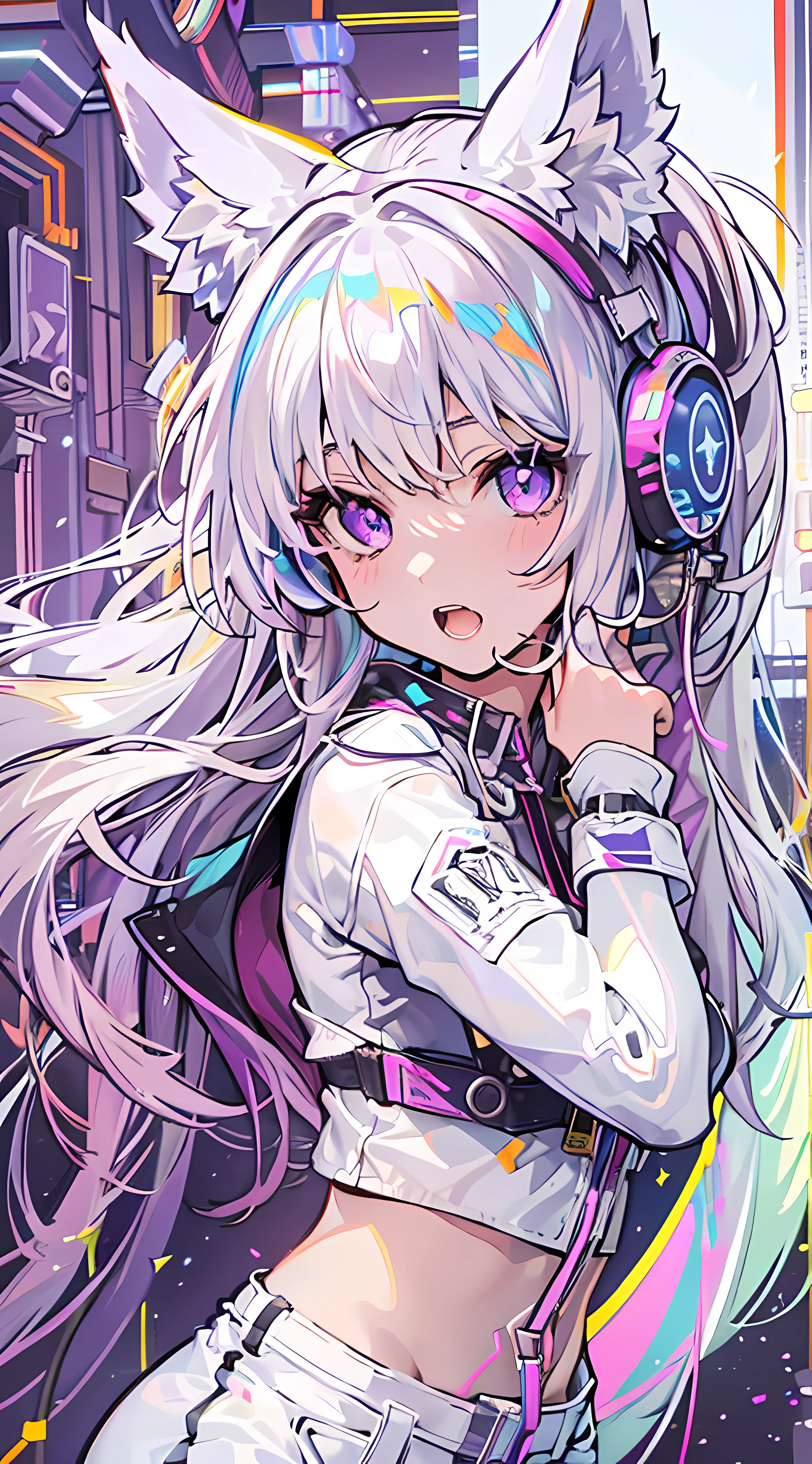 ((Masterpiece)), best quality, absurderes, ultra detailed, holographic, cowboy shot, dynamic pose, golden ratio, super cute girl, mature girl, extremely beautiful, super beautiful asian girl with super beautiful violet eyes, super beautiful white hair, shiny skin, high ponytail, nice and sexy body, slim and delicate body, perfect body, wearing a super tight printed white crop top, kawaii panties, fox headset, being photographed in a kawaii alien spaceship