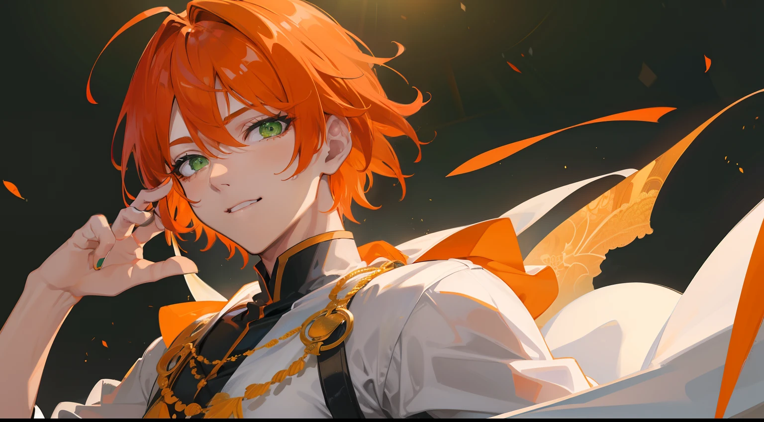 ((((One guy)))),close your eyes and laugh,(((Guy))), (((man))), (((Man's))),(((masutepiece))), (((Beautiful lighting))),(((muscular))),(((man))),),(((Green eyes))),(((Orange hair))), Male face,male eyebrows, Male Eyes, Eyelashes, Medium Hair,Beautiful face, v shaped_eyebrow,White skin,Transparent wings,Chinese_Clothes,(((Black clothes,)))garters_lanyard, See-through,