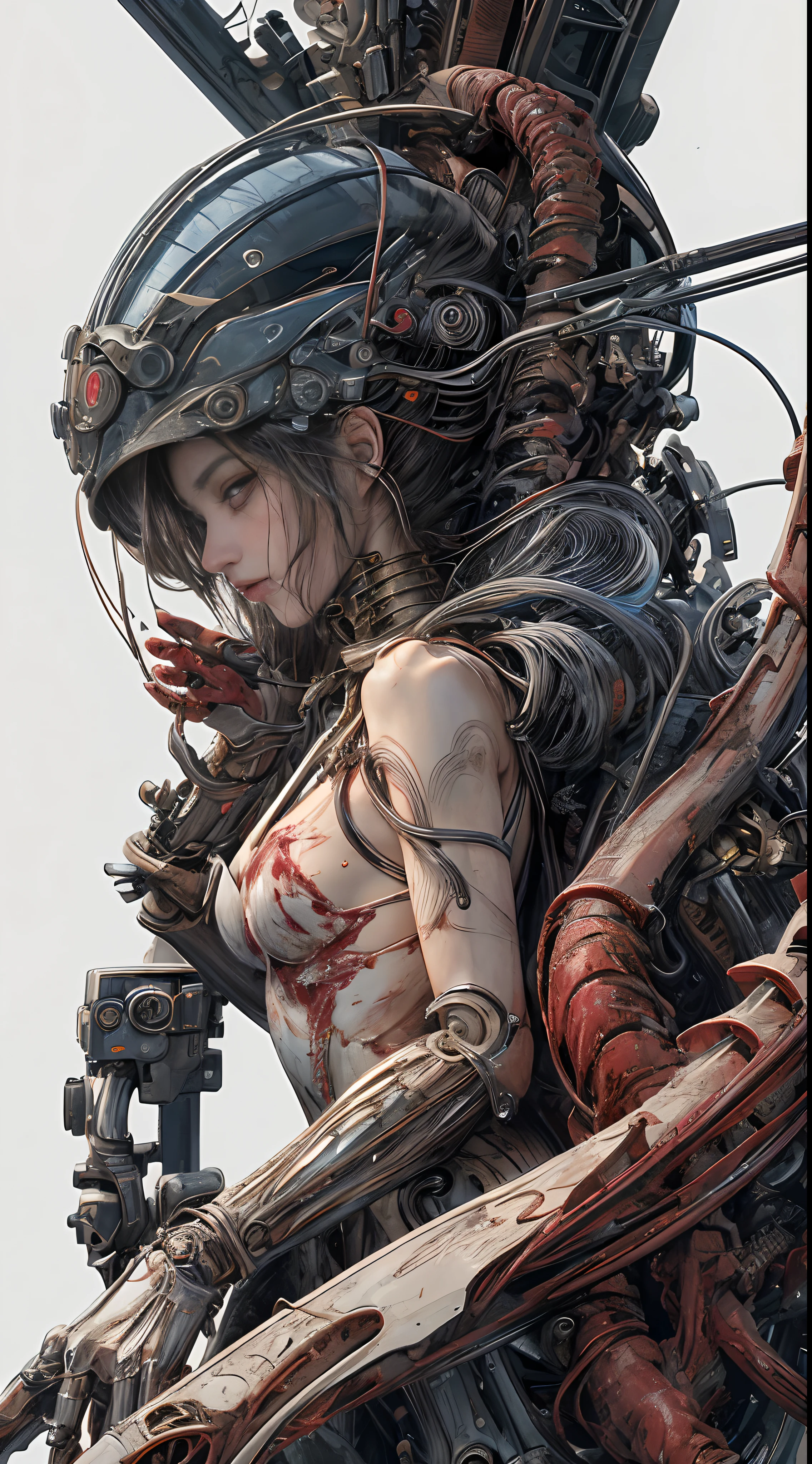 (masterpiece, top quality, best quality, official art, beautiful and aesthetic:1.2), (1girl:1.3), extreme detailed,colorful,highest detailed ((ultra-detailed)), (highly detailed CG illustration), ((an extremely delicate and beautiful)),(from side),cinematic light,((1mechanical girl)),solo,full body,(machine made joints:1.2),((machanical limbs)),(blood vessels connected to tubes),(mechanical vertebra attaching to back),((mechanical cervial attaching to neck)),(sitting),expressionless,(wires and cables attaching to neck:1.2),(wires and cables on head:1.2)(character focus),science fiction,white background,(blood:1.5)