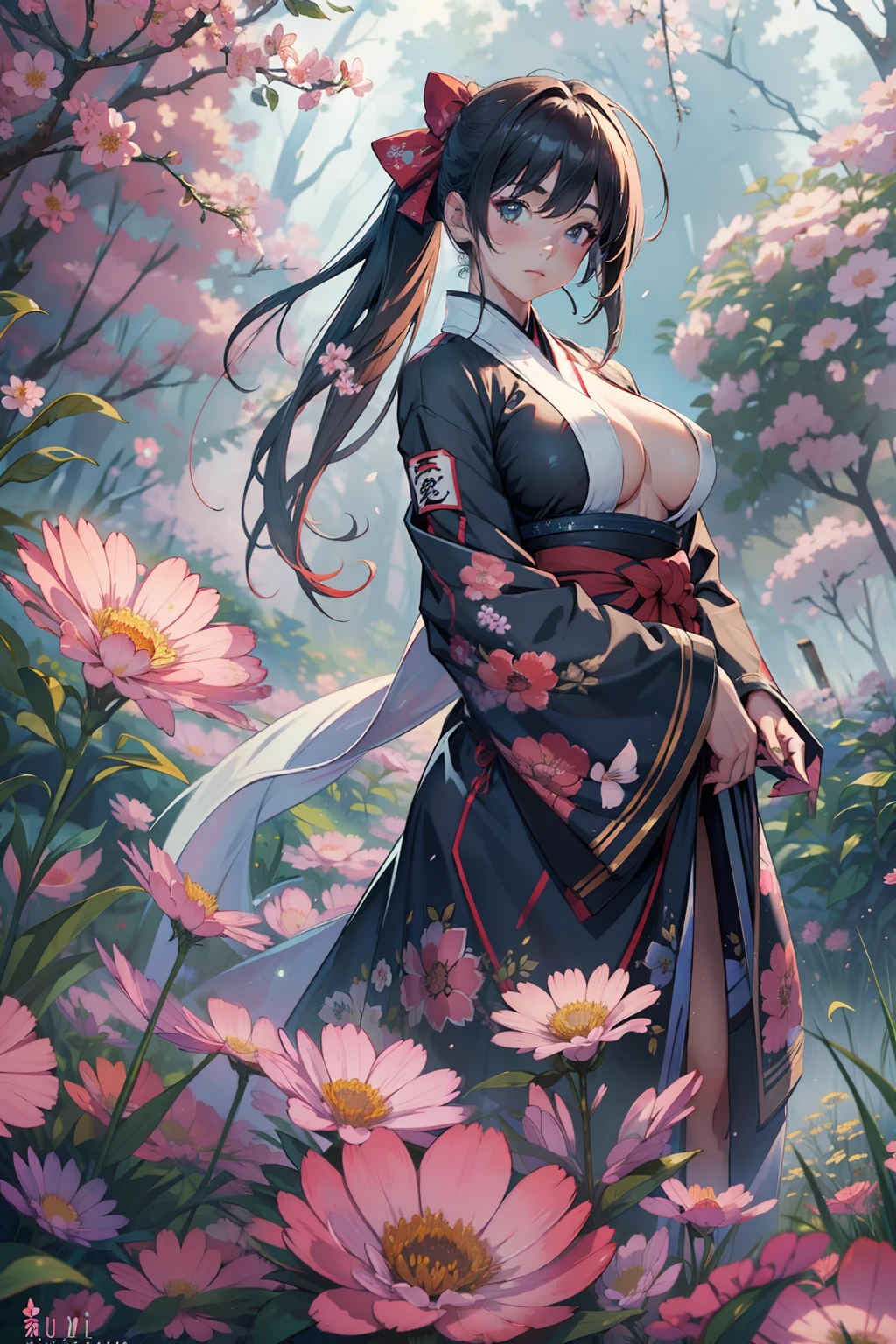 (masterpiece, best quality, high resolution), OfficialOutfit, Kunoichi Clothing, 1girl, solo, big breasts, standing in fancy flowers, flower forest, foggy, (NSFW 1.1)