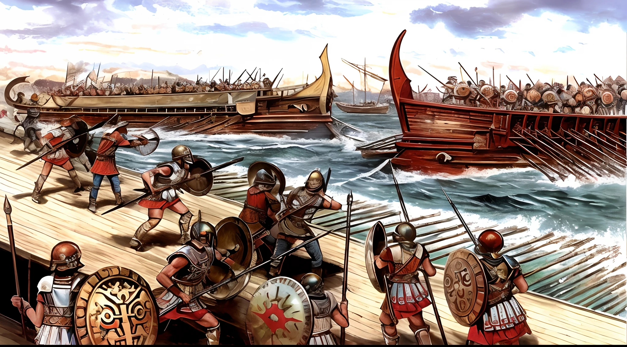 Produce a series of cinematic images in 8K resolution that depict different moments and aspects of the Battle of Salamis. Capturando a intensidade e a grandiosidade do conflito naval, Create scenes that depict the Greek ships in formation, enfrentando a frota persa com coragem. Use dramatic lighting to highlight choppy waters, the details of the vessels, the figures of the warriors and the elements of the scenery. Inclua uma cena que mostre o momento crucial em que os gregos conseguem virar o rumo da batalha a seu favor. Transmit the voltage, the action and strategy of the battle through dynamic compositions, detalhes realistas e impacto visual impressionante, recriando a narrativa da Batalha de Salamina de maneira envolvente."