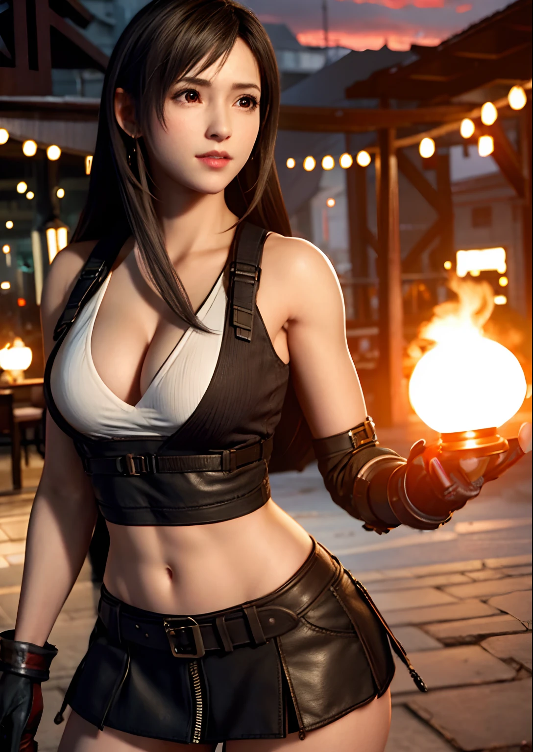 (realisticlying:1.4),top Quority,very fine and beautiful,A high resolution,1girll,tifa_lockhart,ssmile,cowboy lens,Harnes,Low Waist,mini-skirts,vests,Tension shirts,brunette color hair,long whitr hair,gloves on the elbow,Beautiful detailed red eyes,Face light,cinmatic lighting,nabel,High exposure,Abdominal exposure,the ribs,Abs,(gigantic cleavage breasts:1.2),dynamicposes,dynamic angle,nakeness,