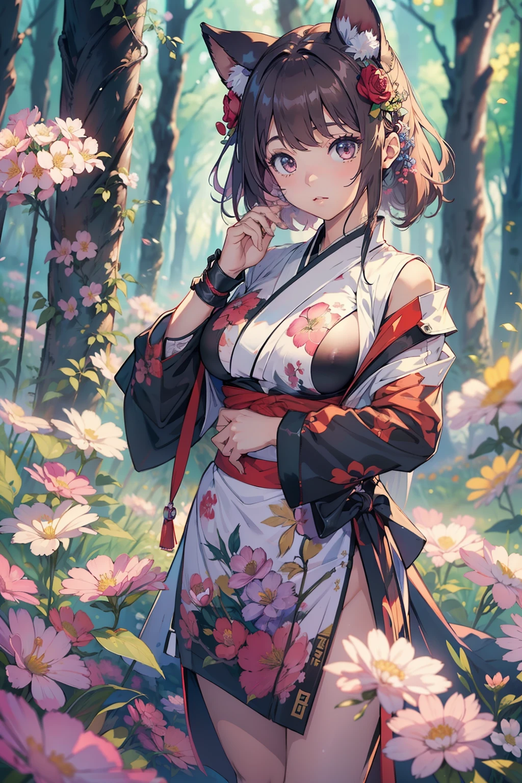 (masterpiece, best quality, high resolution), OfficialOutfit, Kunoichi Clothing, 1girl, solo, big breasts, standing in fancy flowers, flower forest, foggy, (NSFW 1.1)