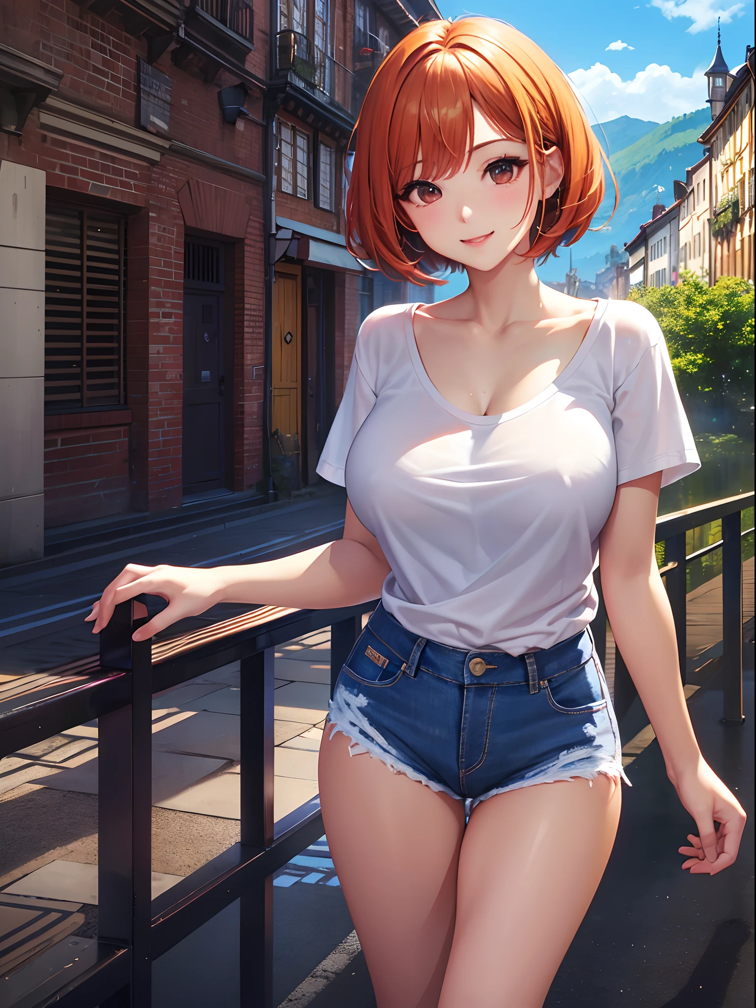 (top-quality: 1.3), (masterpiece: 1.3), (Super Detail: 1.3), (wall-paper, one girls: 1.1)、(Detailed hands and fingers:1.2)、(Detailed ultra-oily shiny skin:1.1)、(White T-shirt:1.3)、(Denim shorts:1.3)、orange color hair、a short bob、Beautiful sister、(Swiss cityscape:1.2)、The river is flowing、(Beautiful Large Breasts:1.3) 、Being on the bridge、sexypose、ssmile、Kneeling