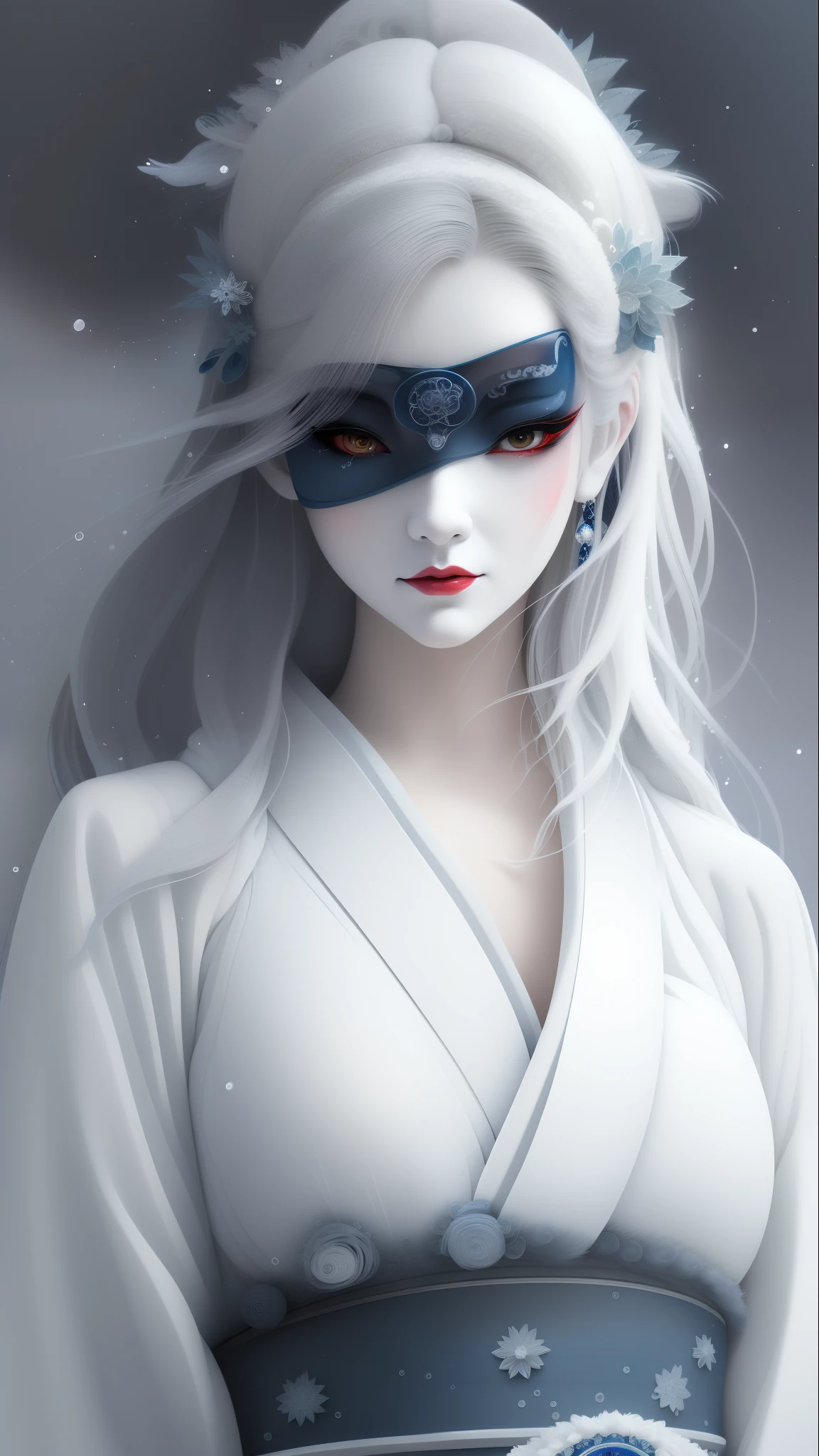 a close up of a woman with a mask on her face, white haired deity, the piercing stare of yuki onna, stunning anime face portrait, girl with white eyes, artwork in the style of guweiz, girl with white hair, white haired, anime style 4 k, anime fantasy illustration, beautiful character painting, flowing white hair, beautiful anime portrait, by Yang J