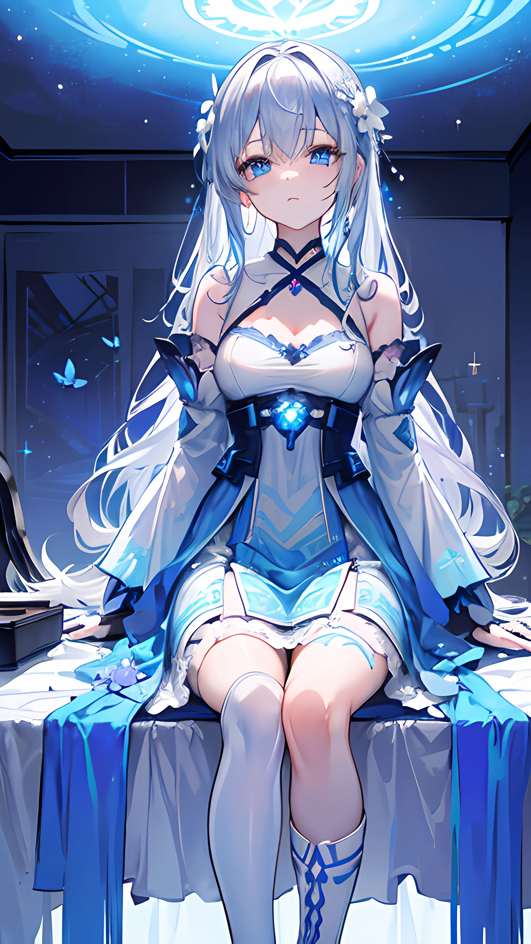 Anime girl sitting on a table with a blue dress and a blue hat - SeaArt AI