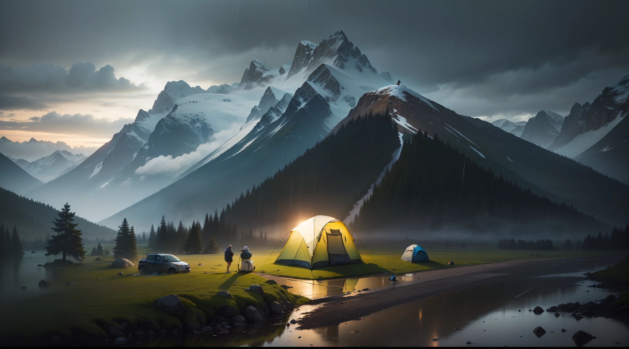 solo person camping with gear, pouring rain, photography, natural-light, high detail, hyper quality, high resolution, hyperrealism, surrealism, HD, 8K, 16K, unreal, bird's-eye, large-format, aerial
