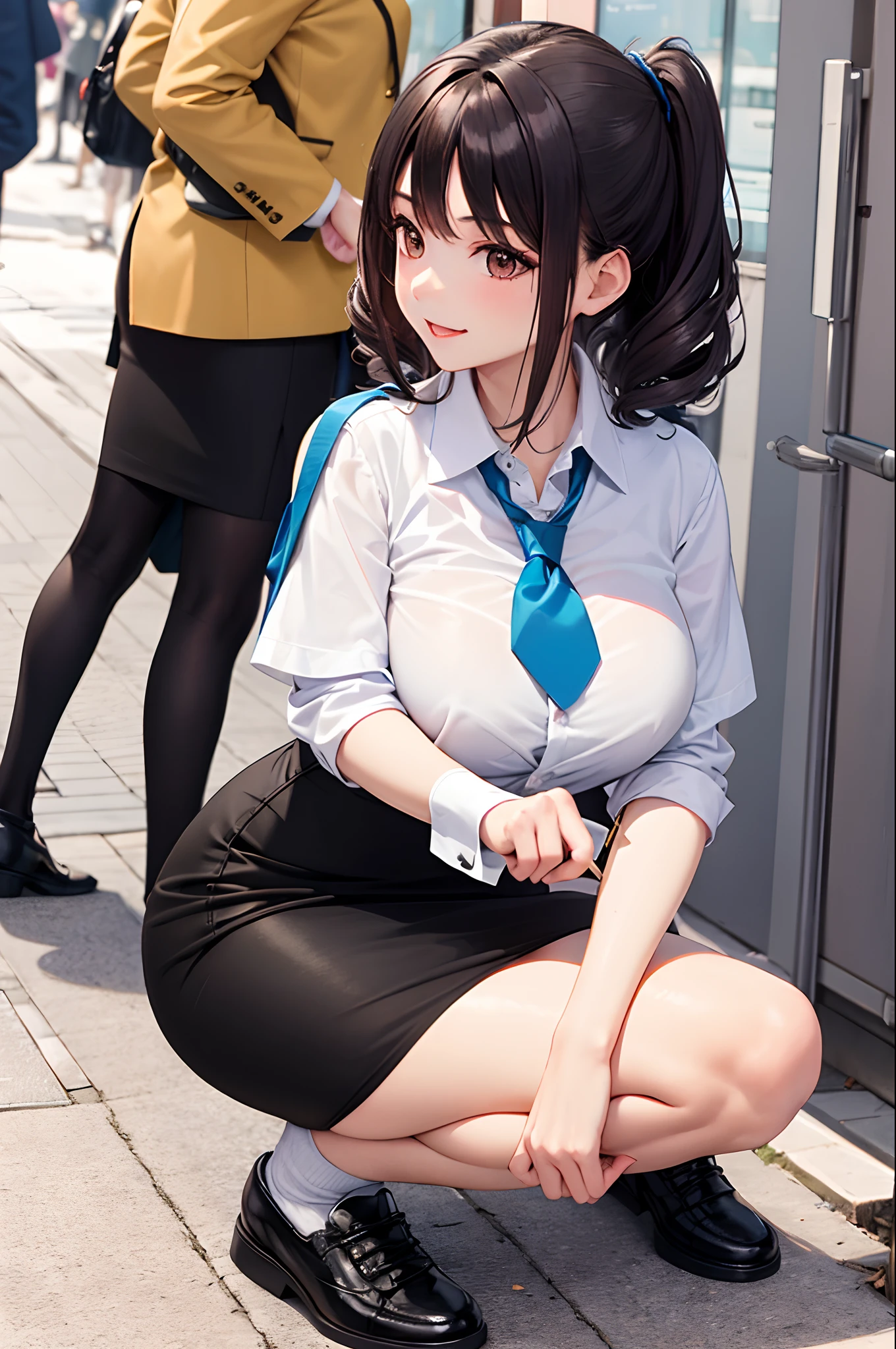 masterpiece, best quality,1girl,young girl,brown eyes,drill hair,evil smile,shiny skin,(nice leg line:1.3),thick thighs,thin waist,huge breasts
BREAK
school uniform,necktie,((pencil skirt)),sneakers
BREAK
park,crowd,depth of field,looking at viewer,squatting,from behind,full body,legsupsexms