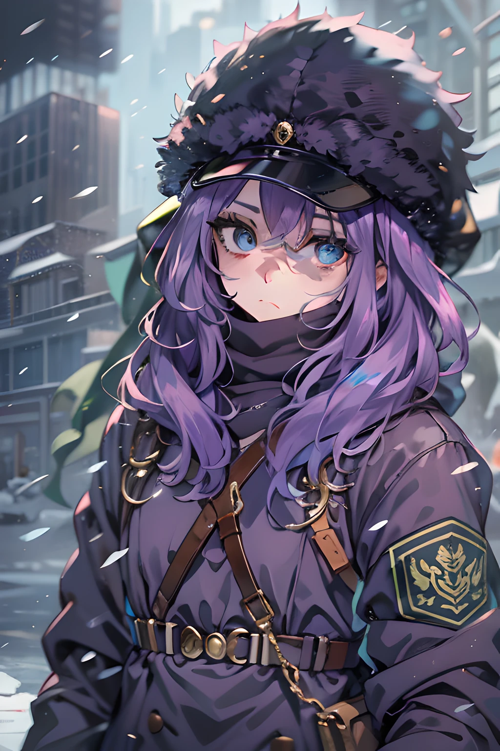 (obra prima, soberbo, super detalhado), 8k, 1girl, purple hair, olhos brilhantes, sad expression, madura, 20 anos, Russia, Russian Winter Hat, soldado, forte, habilidosa , Spy, ultra detalhamento, cores vivas, roupas militares pretas, olhos muito detalhados, ultra detalhado, cores vivas, linda, muitos detalhes, roupas detalhadas,