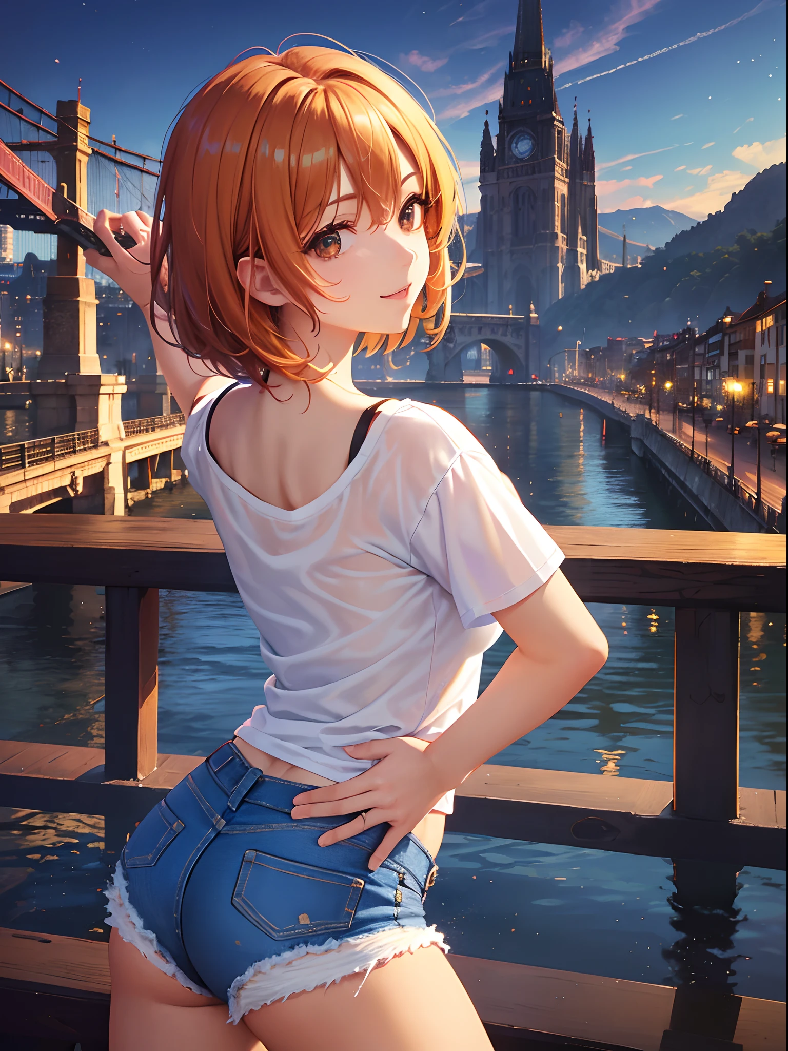 (top-quality: 1.3), (masterpiece: 1.3), (Super Detail: 1.3), (wall-paper, one girls: 1.1)、(Detailed hands and fingers:1.2)、(Detailed ultra-oily shiny skin:1.1)、(White T-shirt:1.3)、(Denim shorts:1.3)、orange color hair、a short bob、Beautiful sister、(Swiss cityscape:1.2)、The river is flowing、(Beautiful Large Breasts:1.3) 、Being on the bridge、sexypose、ssmile、all-fours