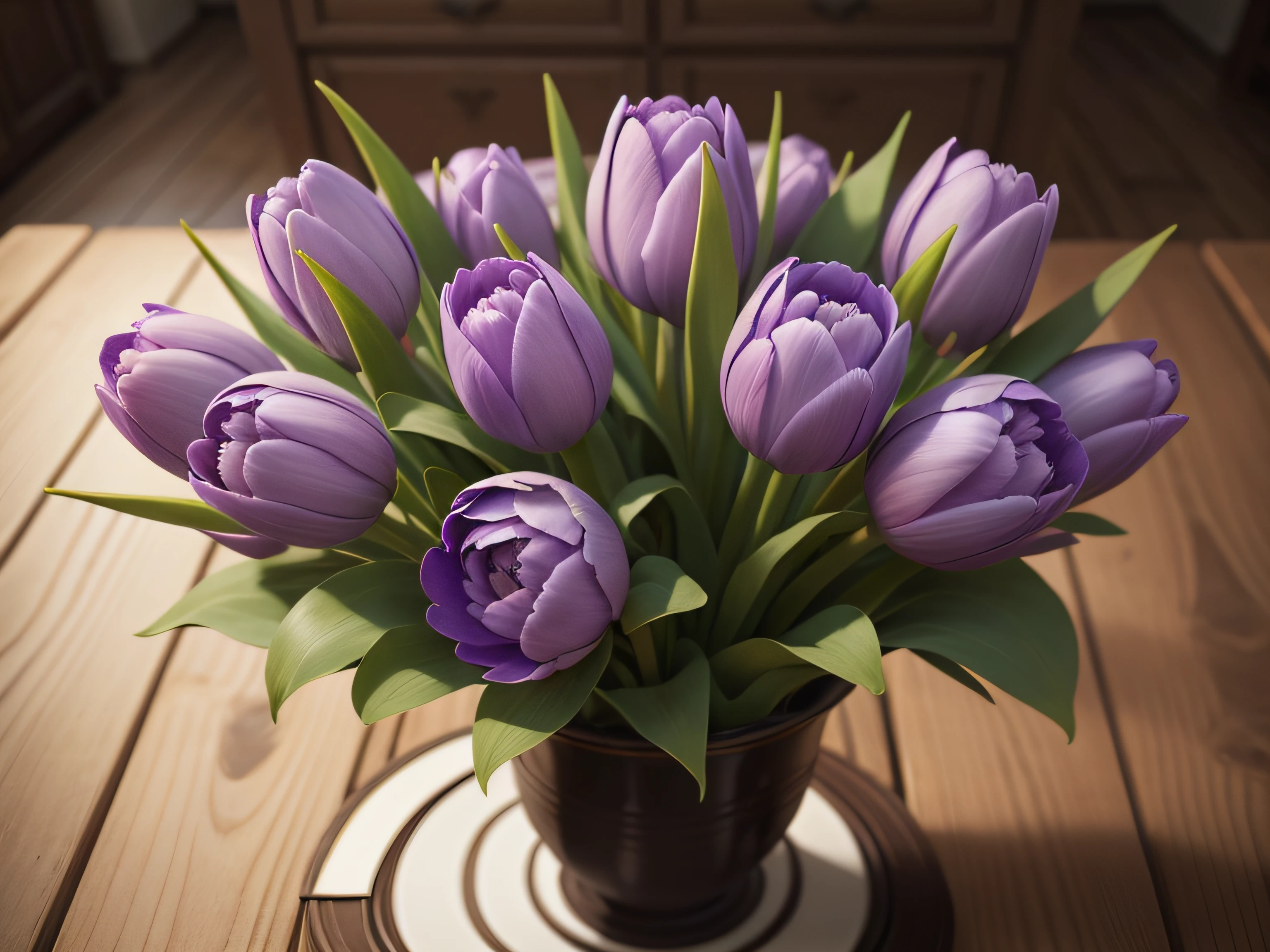 Purple tulips , Stem long style, flower bouquet, The stems are tied with ribbons., Realistically rendered, photo-like style.