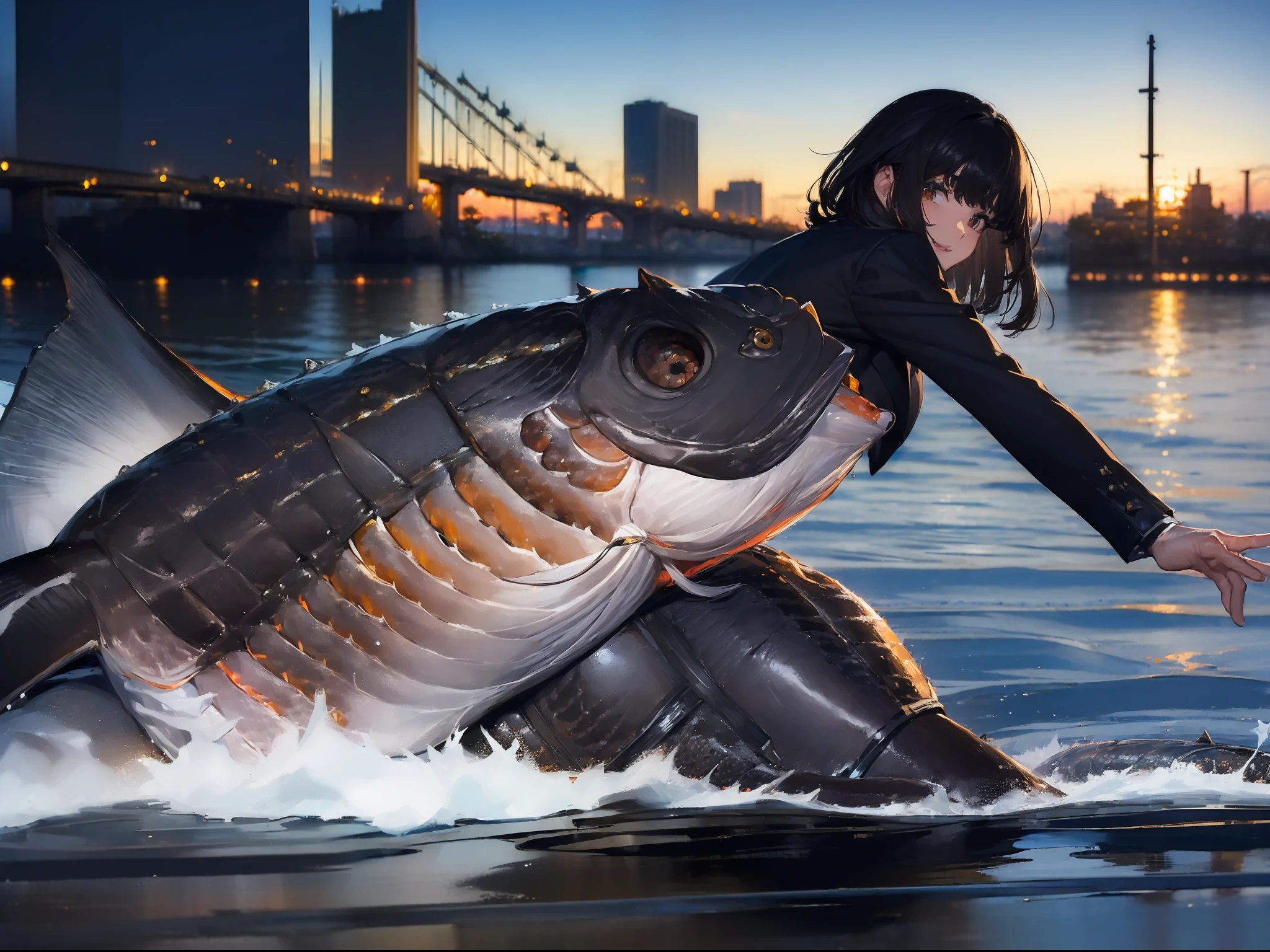 ((((Catch a big black bass by the lakeside:1.5)))),((1 Female 22 years old))((Best Quality, masterpiece :1.5)),(((Hands with the correct number and structure of fingers:1.4))),hight resolution,ultra-detailliert,​masterpiece,best qualtiy,,Black hair, long eyeslashes, Solid Circle Eyes, Smiling Woman, drop shadow, Atmospheric perspective,Super Detail, ccurate, small brest,(Black jacket :1.1),top-quality, blurry backround, bokeh dof:1.2, (​masterpiece:1.3),  Atmospheric perspective,Super Detail,dynamic compositions