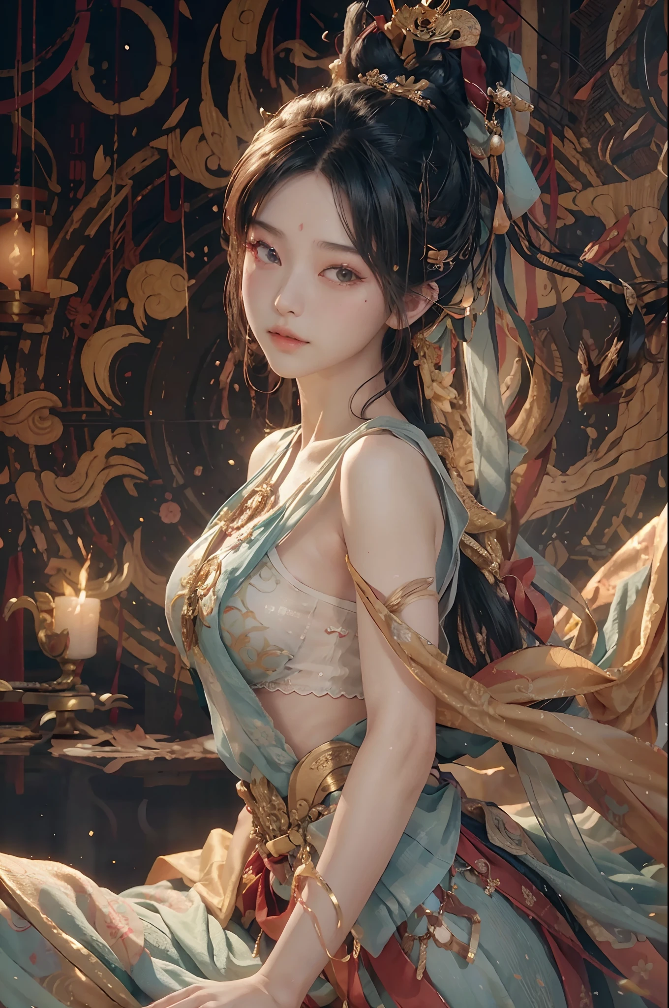 (RAW photo, Best quality), (Realistic, photo-realistic:1.3), Best quality, Highly detailed, Masterpiece, Ultra-detailed, illustration, 1girll, The upper part of the body_Body, Dynamic Angle, world mastery theater, Messy_Long_Hair,Best quality, extremely detailed CG unity 8k壁纸,ink,astounding,电影灯光,lens_flare,dunhuang_Style,scantily clad,4K Ultra Clear,Delicate details,Bright light