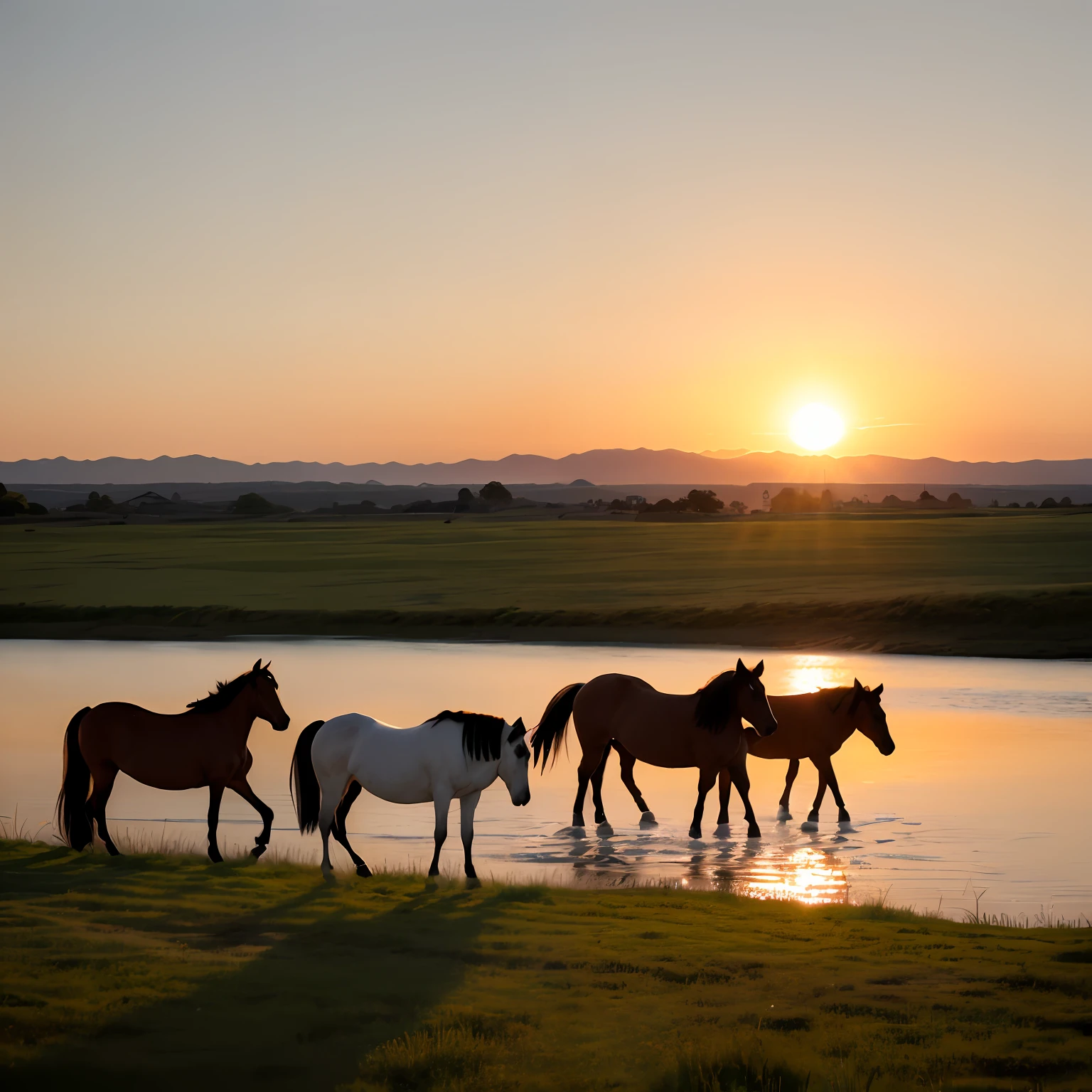 As the sun sets, on the endless grassland, several horses drink water by the river