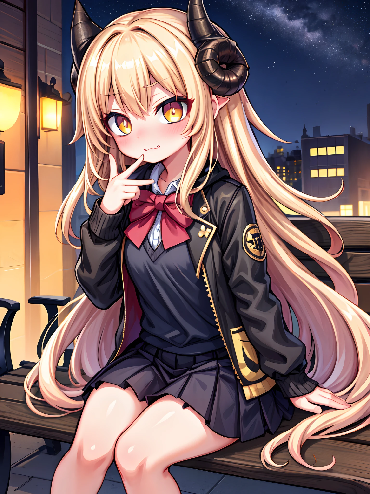 Masterpiece, Best quality, A high resolution, absurderes, ultradetailed, 1girll, Golden eyes, Long hair, double tails, solofocus, Brown hair, bow, bangs, hair between eye, Blue bow, Blush, :Tai,  Very long hair, Breasts, Blonde hair, poison fangs, Outdoor, Night, street, Starry sky, bench, Sitting , jaqueta com capuz, Casual,Dark night ,Night sky, Open jacket, Pleated skirt,Sheep's horns