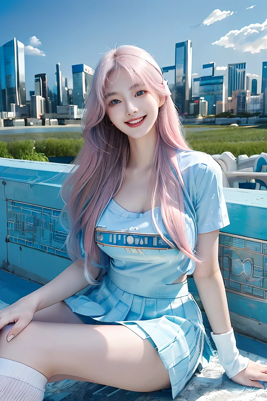 official art, masterpiece, sharp focus, (beautiful gorgeous cute Korean woman:1.3), (beautiful cute korean:1.3), korean beauty, Delicate and beautiful hair and eyes and face, realistic, ultra detailed, beautiful girl, blue sky, glow white particle, (sidelighting:1.2), sun light, white cloud, detailed clouds, slender, Lovely very large breasts and very large hips, smile with teeth, ((smile with eyes, open both eyes)), scenery, long straight hair, sexy facial expression, building, (cityscape:1.7), dynamic hair, long straight hair, detailed platinum pink hair, glow blue eyes, (blue pleated shirts + white skirt), white long socks, pale skin, hair ornament, epic scenery,