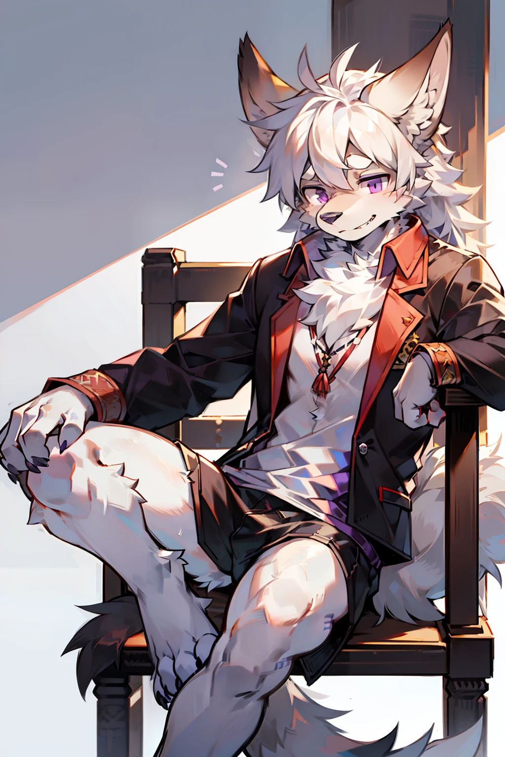 solo person,shaggy male,hairy bodies,shoun,coyote,canid,grey fur,Long white hair,The ends of the hair are purple,Purple eye,Bind your hands,Bullied,adolable,Handsome,large tail,full bodyesbian,tied with chair,Wear only one piece of cloth,Raise your legs,