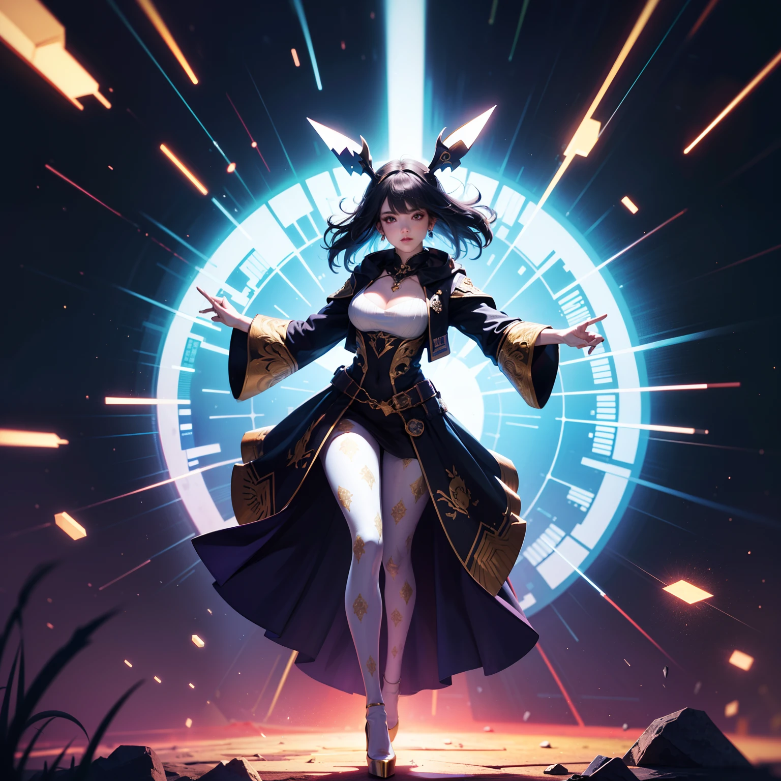 (full body:1.5),(1girl:1.3),(looking at viewer:1.4),(anatomy correct:1.3),(Wearing Printed Fantasy Pokemon tight and pointed high heels ,and Very thick Printed Pantyhose :1.35), (Light particle effect:1.3),(In pink | amarelo | blue colors| green color |red colors | white colors| black in color| purpleish color| greys| Beige| Flesh color 1.4),(Glowing eyes:1.3),(Large amplitude action: 1.3),(Accurate and perfect face:1.4),hyper HD, Ray traching, reflective light,structurally correct, Award-Awarded, high detal, lightand shade contrast, Face lighting,cinmatic lighting, tmasterpiece, super detailing, high high quality, high detal, best qualityer, 16k,high contrast,