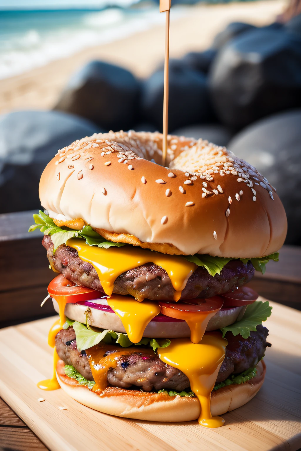 A burger falling into juicy pieces, saboroso, quente, foto promocional, detalhes intrincados, hdr, cinemactic, adobe lightroom, altamente detalhado na praia