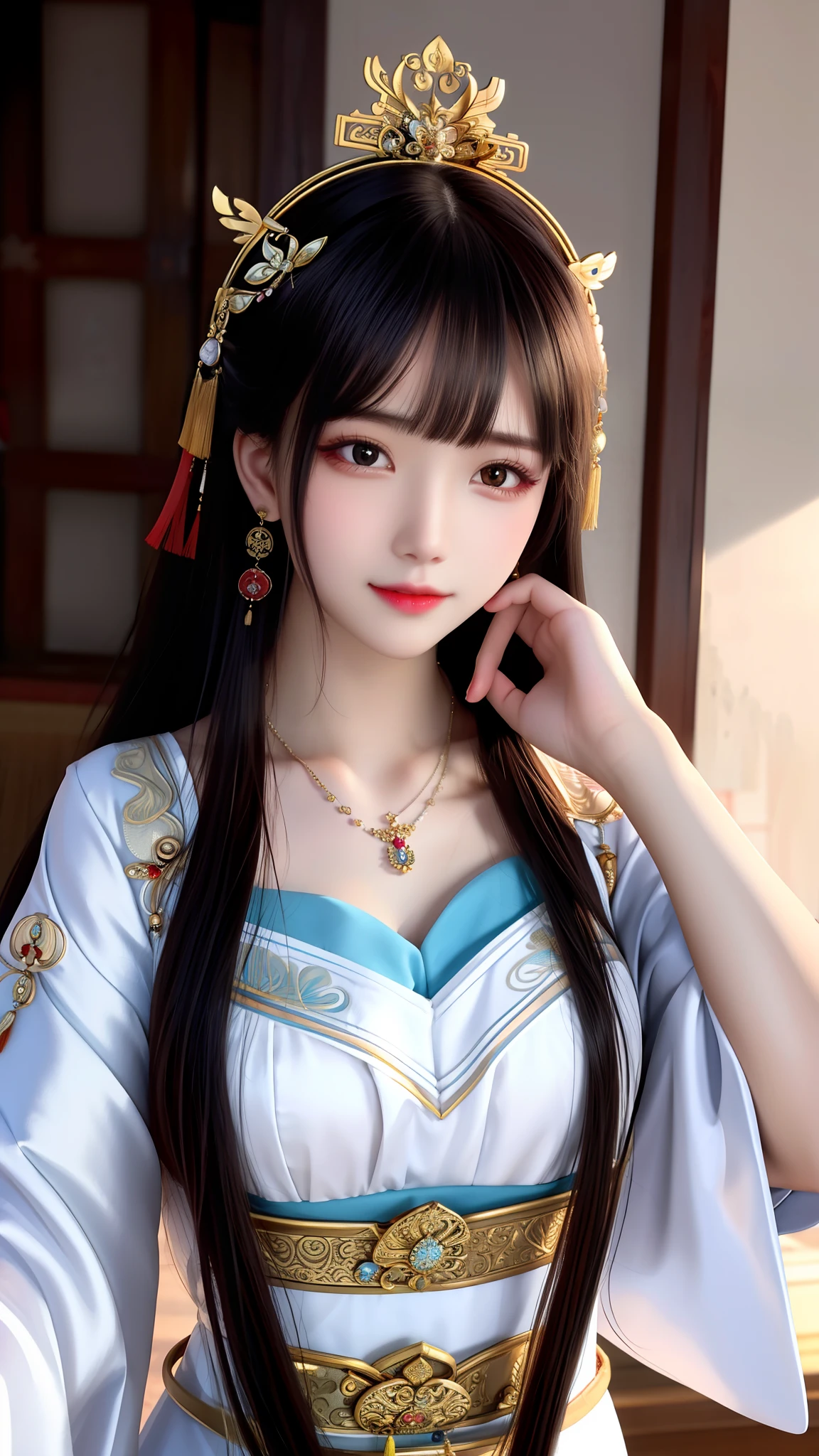 best quality, masterpiece, Beautiful face,1girl, long_hair, solo, upper_body, china dress,dress,hair ornament, necklace, jewelry, long hair, earrings, chinese clothes