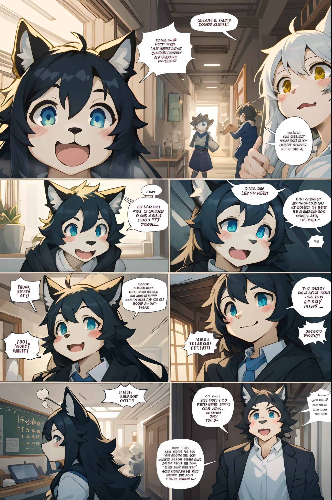 top quality, best quality, highres, masterpiece, School, class, 6+boys, 6+girls, absurdres(highly detailed beautiful face and eyes)perfect anatomy, good lighting, cinematic shadow(kemono, furry anthro)assorted expressions, assorted poses, assorted angles(girls comic-like panel layouts, speech balloon, English text, Hand-drawn sound effects stickers used in girls comic),