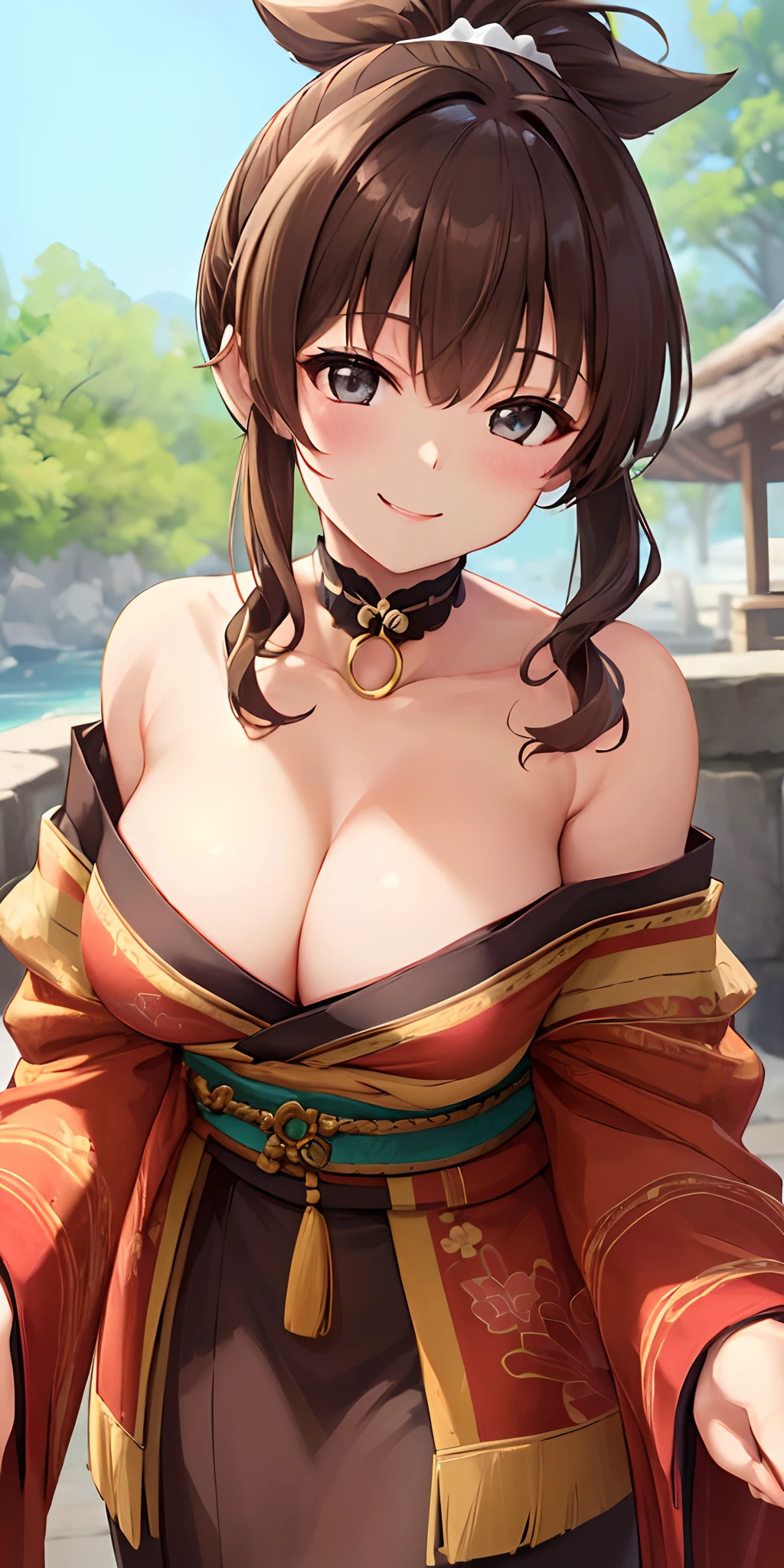 (Best quality:1.3), brown ponytail, large breasts, cleavage, off shoulder kimono, (pov, close shot), smiling