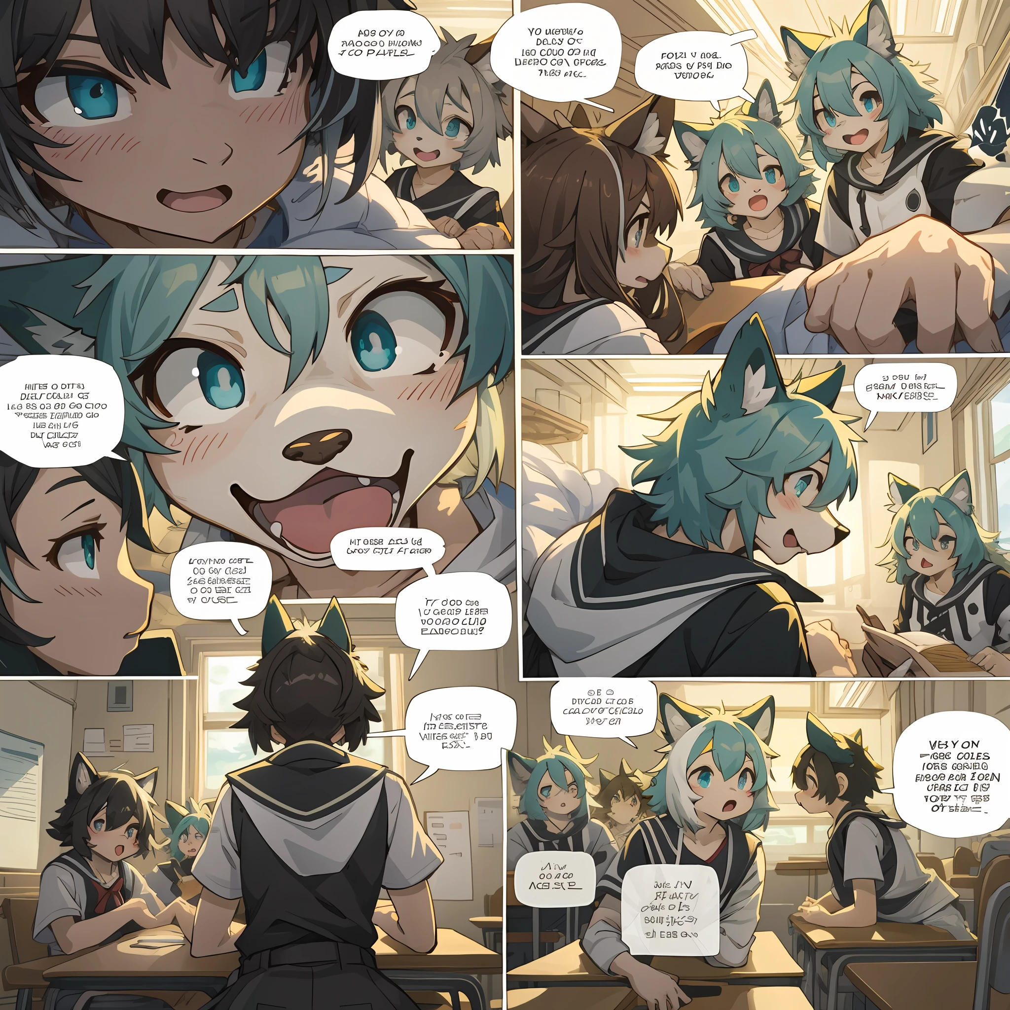 top quality, best quality, highres, masterpiece, School, class, 6+boys, 6+girls, absurdres(highly detailed beautiful face and eyes)perfect anatomy, good lighting, cinematic shadow(kemono, furry anthro)assorted expressions, assorted poses, assorted angles, dynamic angles(girls comic Bold cartoon-like panel layouts, speech balloon, Hand-drawn sound effects stickers used in girls comic),