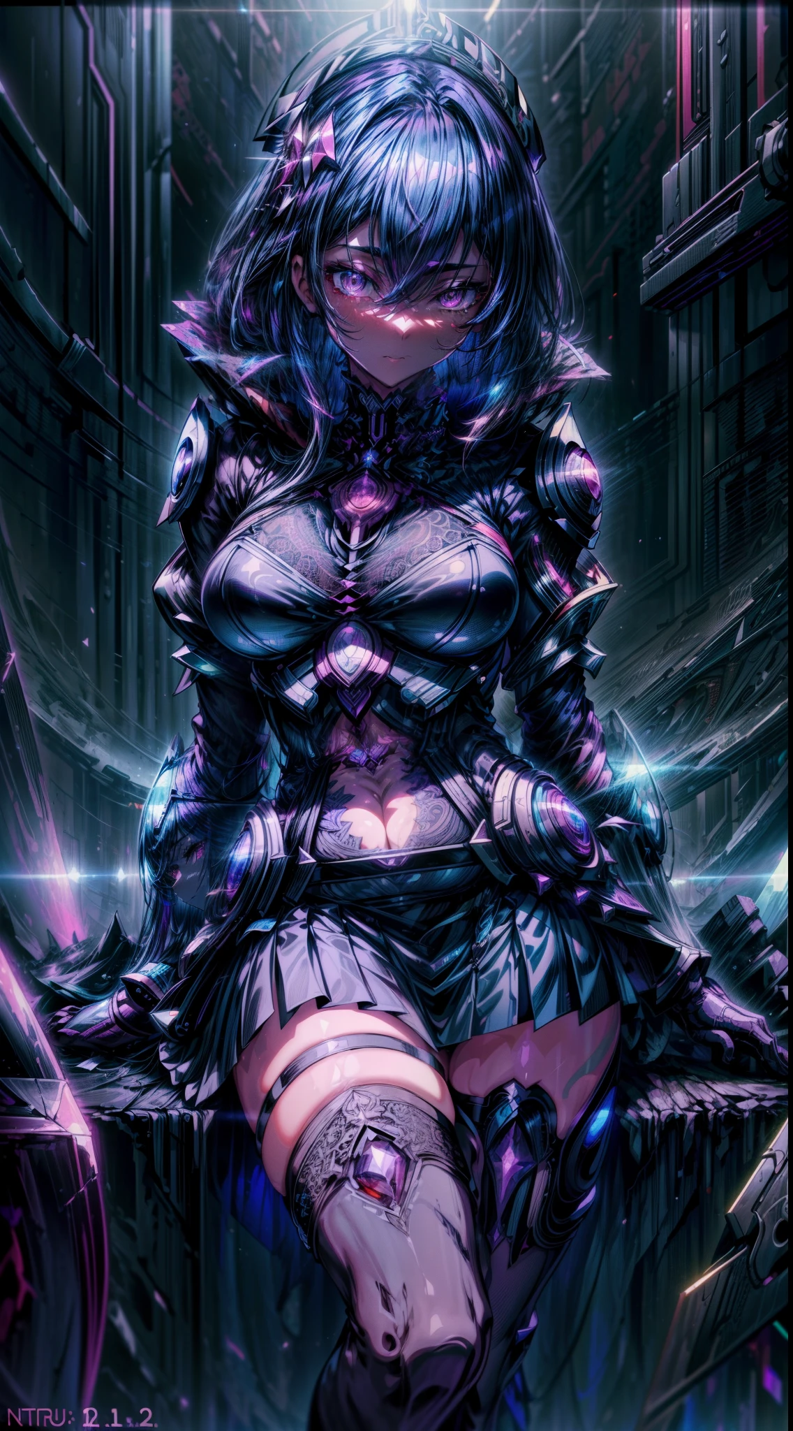 dark ultramarine blue futuristic demon warrior queen girl in coverall armored suit (((skirt))) mantle (hem) with sword, ((lacy)), futurism, cyberpunk, silk, fur, (stockings), (decollete), navel, natural breasts, slim body, zettai ryouiki, medium length dull scarlet hair, (beautiful detailed bright magenta eyes), portrait, (beautiful and aesthetic:1.2, fractal art:1.4), most realistic, hyper-realistic, RAW, highest quality, best quality, Detailed, Realistic, 4k highly detailed digital art, octane render, bioluminescent, (cool_color), best pixels, 8k ultra