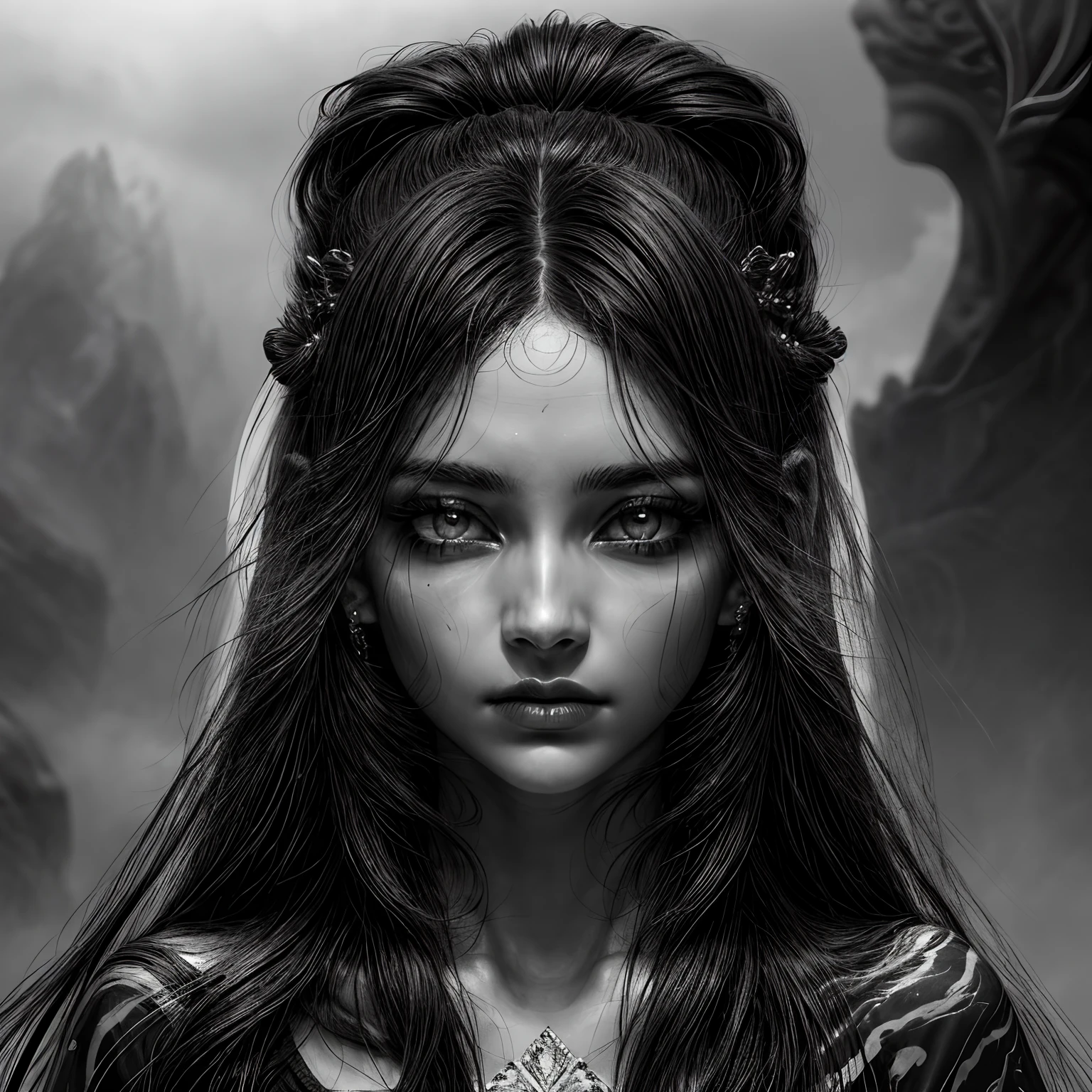 A zoomed-in view of a woman's face, captured in black and white, her eyes gazing directly at the viewer with an intense expression, her features etched with a sense of mystery and allure, surrounded by wisps of fog, adding an ethereal touch, Sculpture, carved from marble, singlelineart style