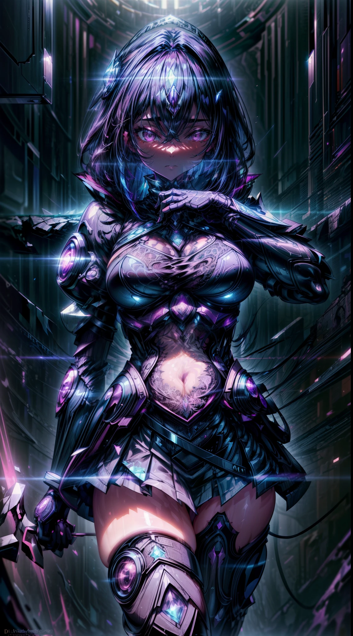 Beautiful nude woman with massive breasts. The breasts are not covered by anything. Red full lips. shiny blue stockings with a belt. Very long transparent dress very tight showing breasts nude. (masterpiece, best quality:1.3) YunaFF10, 1girl, solo, heterochromia, Mix of color neon blue green purple yellow black hair, standing on alien planet in the misery jungle, smiling, sunlight, on the sky we can see planet with rings like Saturn and spaceships of alien formation.