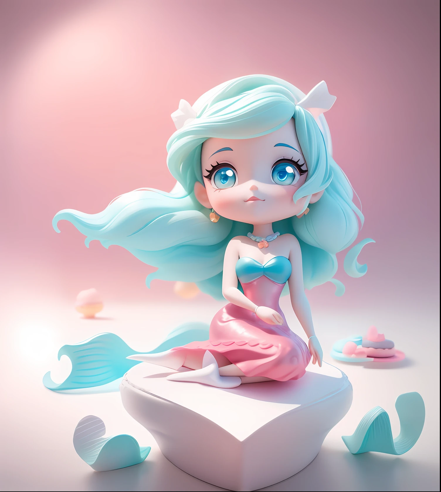 disney the little mermaid doll model toy figurine,white backgrounid,dreamy cute hair accessories, Popmart Blind Box, IP design, Chibi, macaron color,solid color backdrop, clean backdrop, resin, Exciting, 3D rendering , OC rendering, 8K, soft focus, fine Glossy Super detail ,