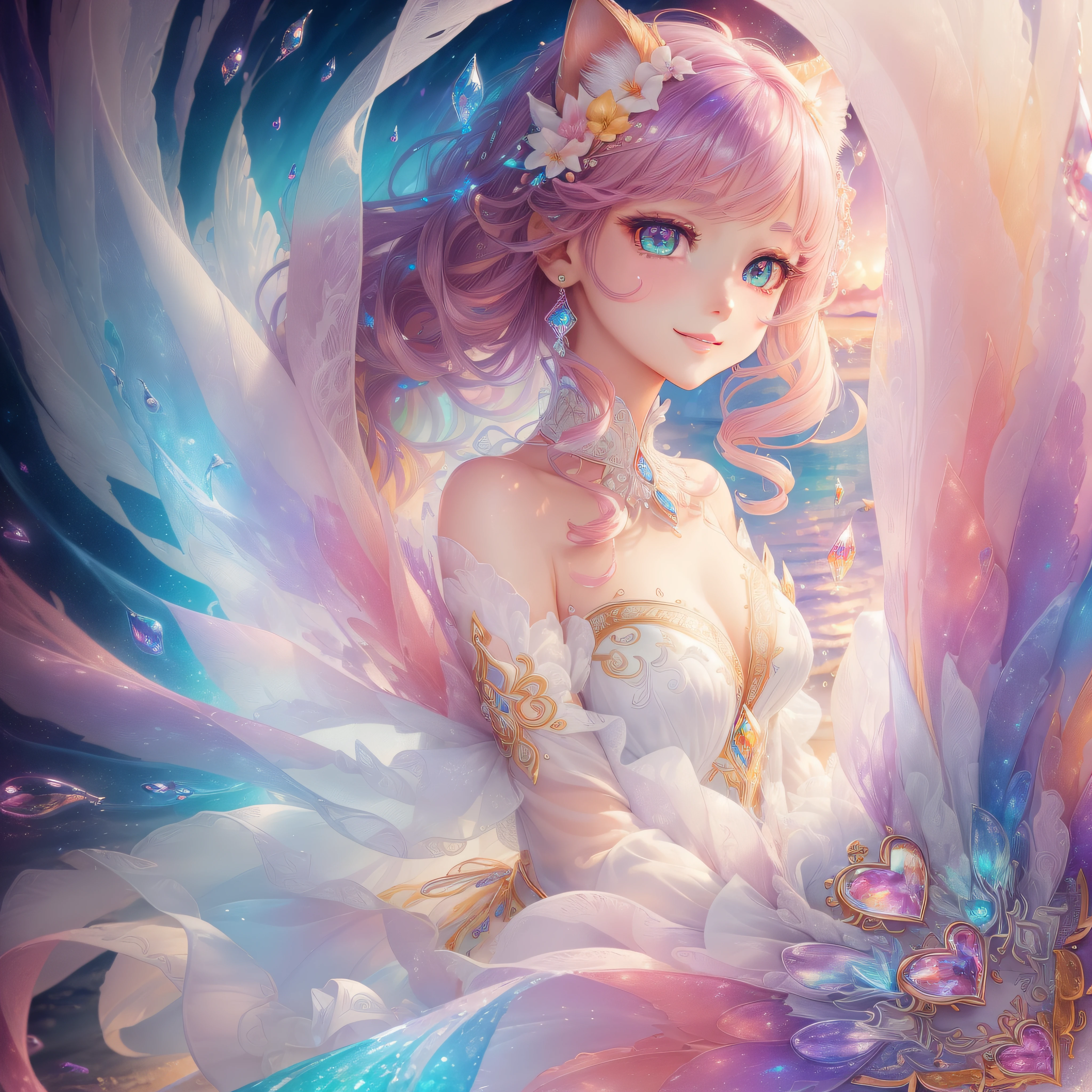 Close up of white cat smiling、(Heart-shaped eyes, PUPILS SPARKLING、roundly eyes、Sapphire green eyes,、Glowing eyes、Eye Gloss)、(Open lips、teeth are slightly visible、lipgloss)、dreamlikeart、Highly detailed airbrush art、intricate detailes、Volumetric lighting、top-quality、The ultra-detailliert、The composition of the movement、Highly detailed colorful details、Irridescent color、Bright lighting、dream-like、Magical、dynamic compositions、The mirror reflects light、Shallow depth of field、ultra-detailliert、mixing exposure、Super masterpiece、vivd colour、colourfull、One woman's face、Cute cat in clothes、Anthropomorphic representation、Rich colors、exquisitedetails、(Ultra CG), (High resolution:1.5)、、Colorful, Transparent gems on the beach、Orange in the sky、pink there、Absolutely enchanting sunset on the beach mixed with yellow、The water is crystal clear and splashing、White sand beach stretches out as far as the eye can see、Dynamic and breathtaking scenes、
