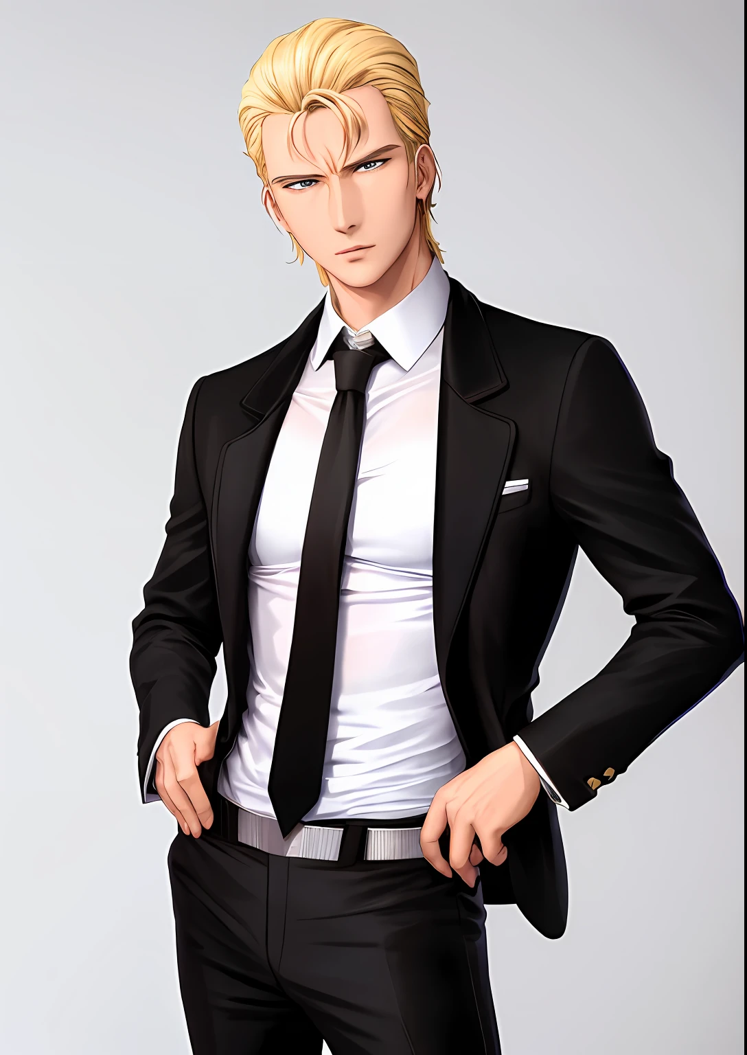 1boy,solo,MXchar,hair pulled back,blonde hair,necktie,black suit,shirt, pants, looking at viewer, black pants, jacket,collared shirt,