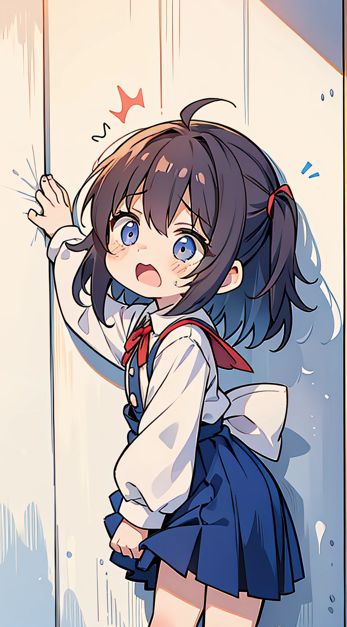 a scared little girl pushed against a wall with her skirt flipped upward