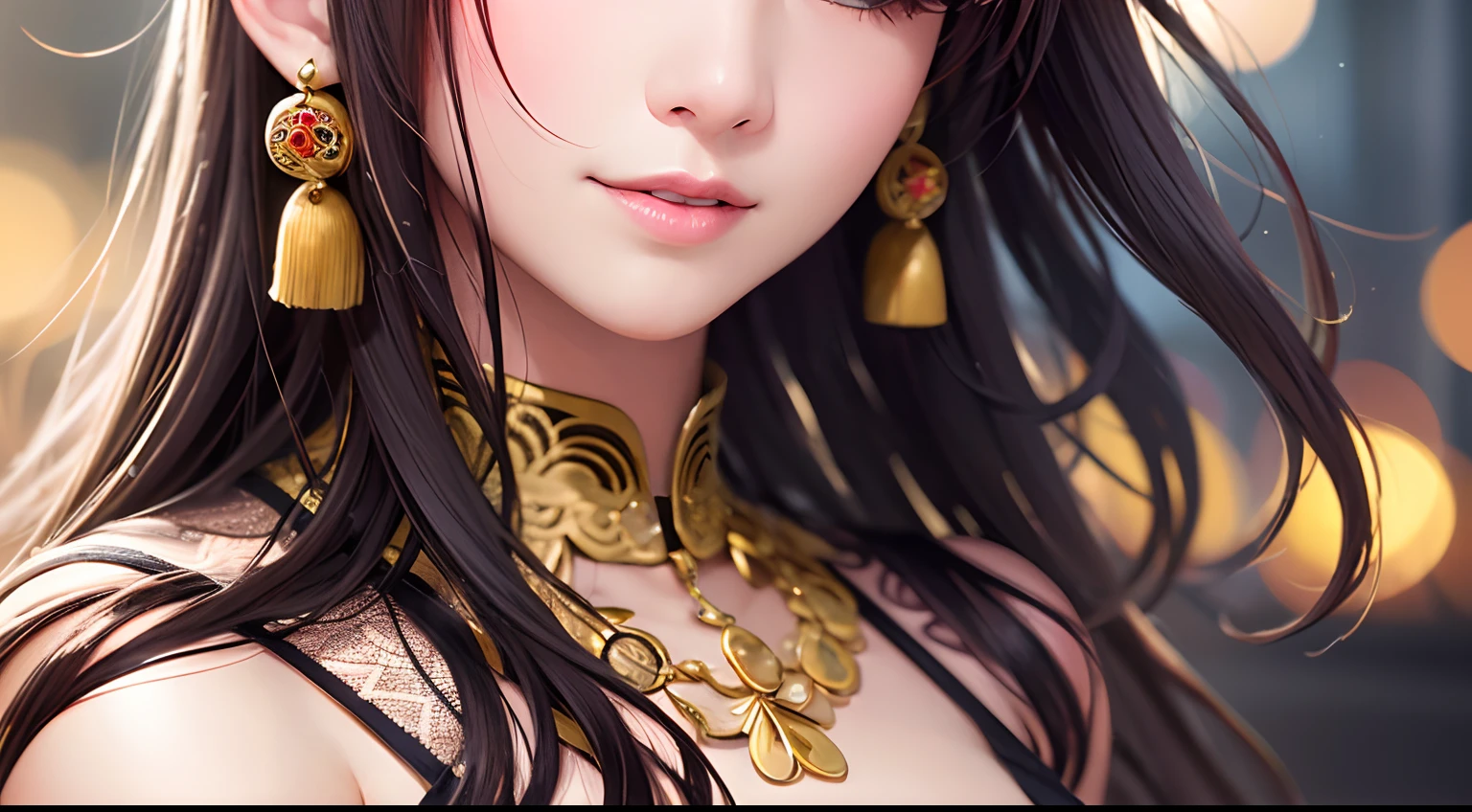 Top quality, masterpiece, high resolution, 1girl, transparent silk cheongsam, beautiful face, hair ornament, look viewer, smile, mouth closed, lips, dress, hair ornament, necklace, jewelry, long hair, earrings, beautiful face, upon_body, tyndall effect, photorealistic, dark studio, rim lighting, two-tone lighting, (high detail skin: 1.2), 8K UHD, DSLR, soft lighting, high quality, volume illumination, candid, photography, high resolution, 4k, 8k, bokeh