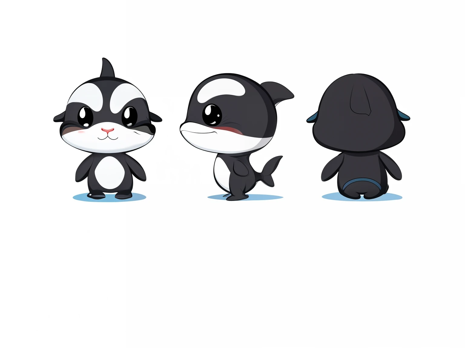 Killer whale comics, Cute cartoon character, cute character, Cute cartoon, [Character design], Cute characters, front back view and side view, Animated character design, cartoonish vector style, high quality character design, Character design, Cartoon Cute, an animated character, Animated character design。