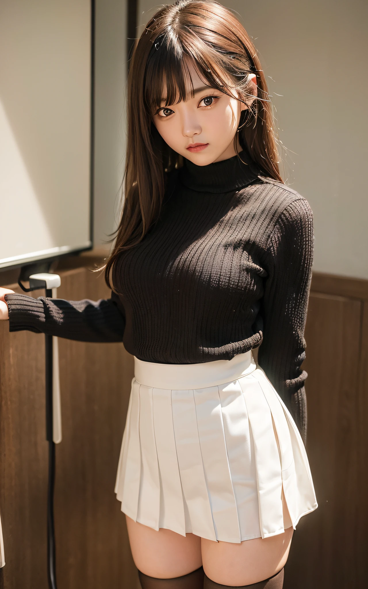 ((japanese girl)), 8K, RAWphotograph, highest quality, Super detailed, ultra high resolution, realistic, photographのように写実的な, 高精細RAWカラーphotograph, プロのphotograph, very detailed, 8k wallpaper, wonderful, finely, huge file size, very detailed顔, very detailed目, very detailed肌, very thin fingers, very detailed鼻, very detailed口, perfect anatomy, very detailed背景, realistic body, good figure, blown hair,photograph, (smile), perfect skin, perfect anatomy, (Women's Clothing)、((((((頭から足先までの全身のphotographを撮ります))))))、(((Big so big that they spill out)))、(((NSFW)))、(((Medium brown bob cut with slightly longer bangs and rounded sides.)))、(((black tights)))、((((Brown short boots))))、(((スカートをめくってパンティを見せて立っているphotograph))、((Fleece jacket)), ((turtleneck sweater with open neckline)), ((pleated skirt))
