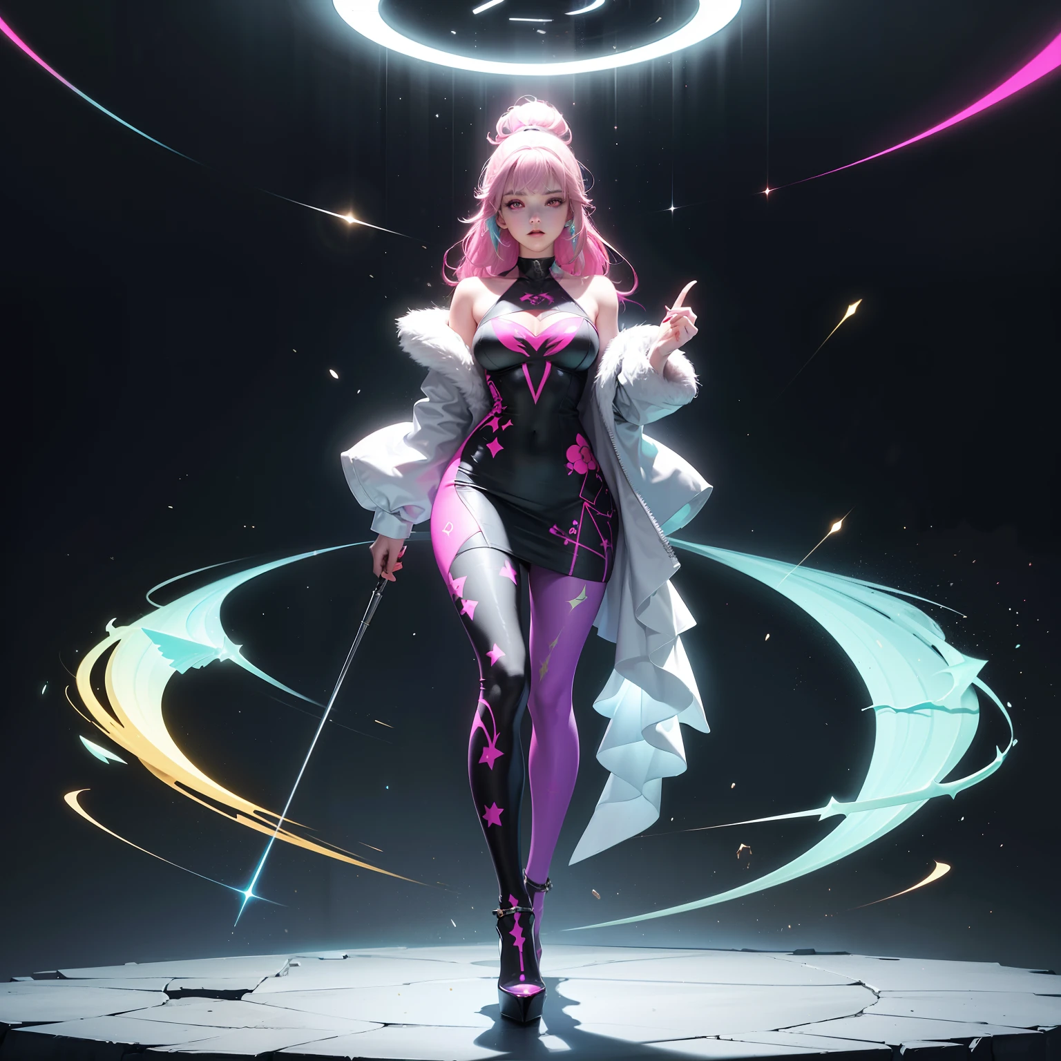 For confident and strong-willed women、Cartoonish smile. Sharp eyes, I have witnessed countless battles、Delicately drawn eye details. Neon Red Angle Bob, Slender figure with Japan aesthetics. Wearing futuristic armor combined with 2182 weapons, 「Combat Queen」Show off her title. The whole body is clearly visible on a plain background.The Sword of Light swings down with his left hand