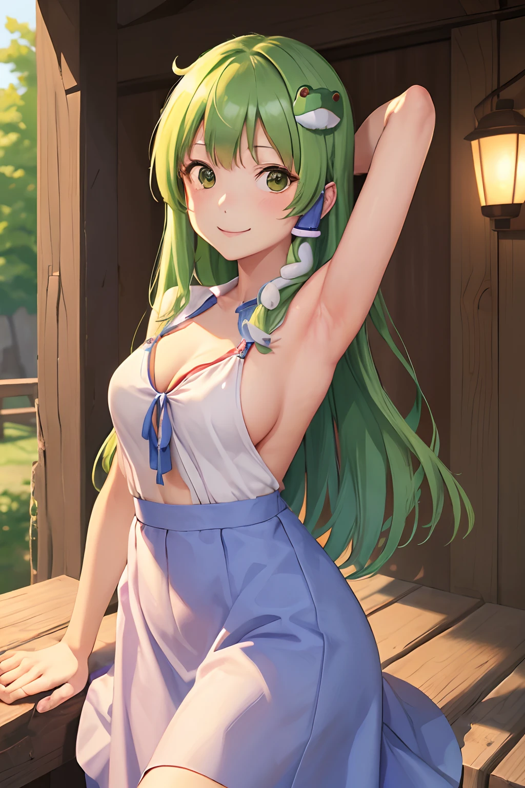 (masutepiece, Best Quality:1.2), Cowboy Shot, Solo, 1girl in, kochiya sanae, Smile, Looking at Viewer, Arm up, hair tubes, frog hair ornament, snake hairornament, barechested