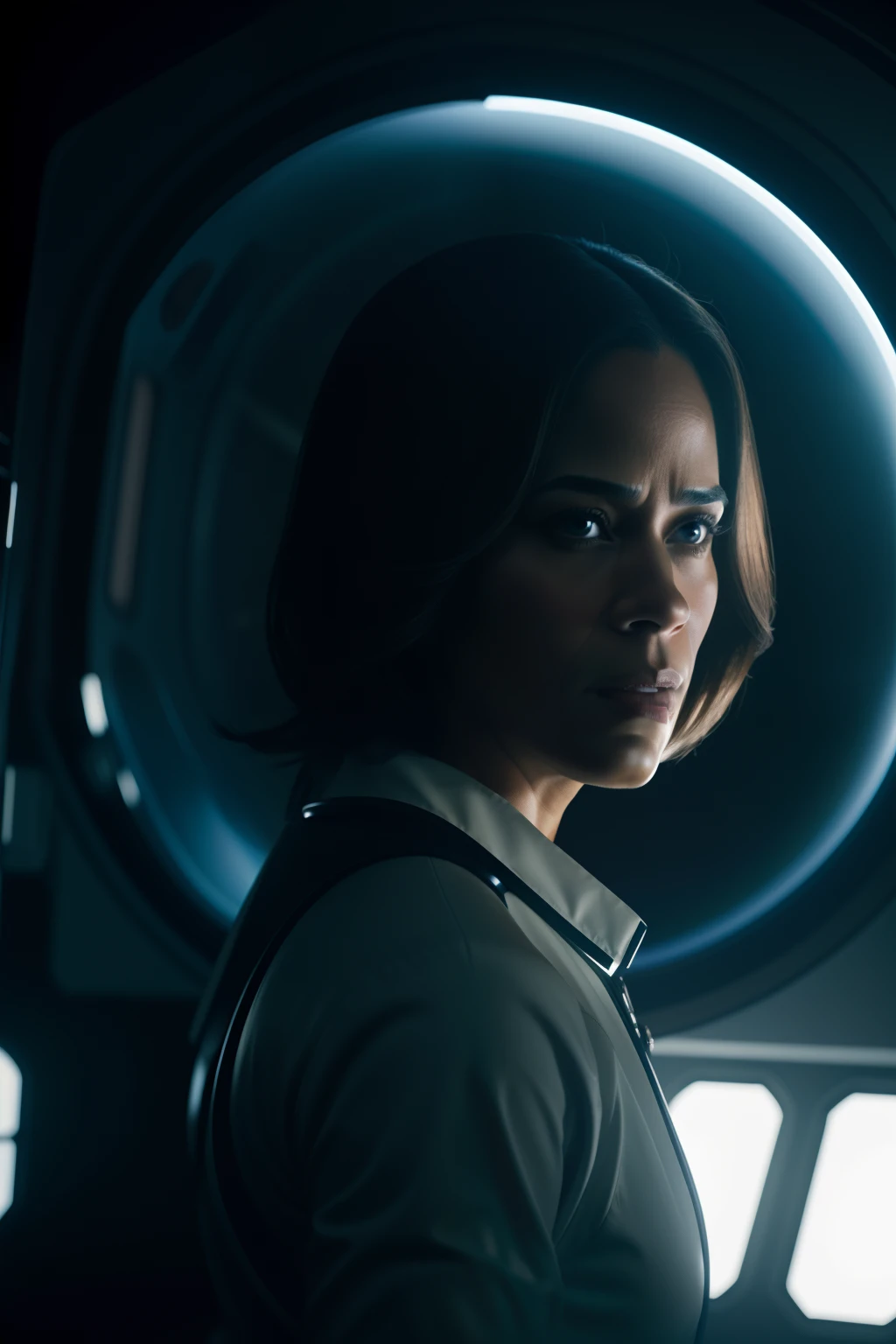 Paula patton as a Sci fi scientist working on a Ishimura space Ship photography, natural light, photorealism, cinematic rendering, ray tracing, the highest quality, the highest detail, Cinematic, Third-Person View, Blur Effect, Long Exposure, 8K, Ultra-HD, Natural Lighting, Moody Lighting, Cinematic Lighting