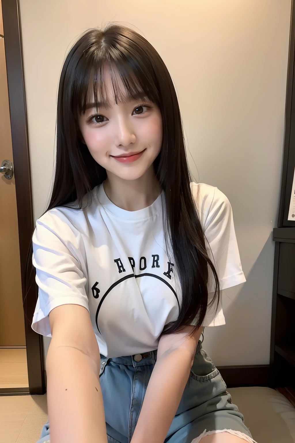 A sexy hot young and beautiful Japanese woman smiling in a cafe. She has long black hair and fair skin, and she is wearing a Tshirts.The background is her room.The woman is covering her mouth with her hand. The atmosphere is warm and friendly